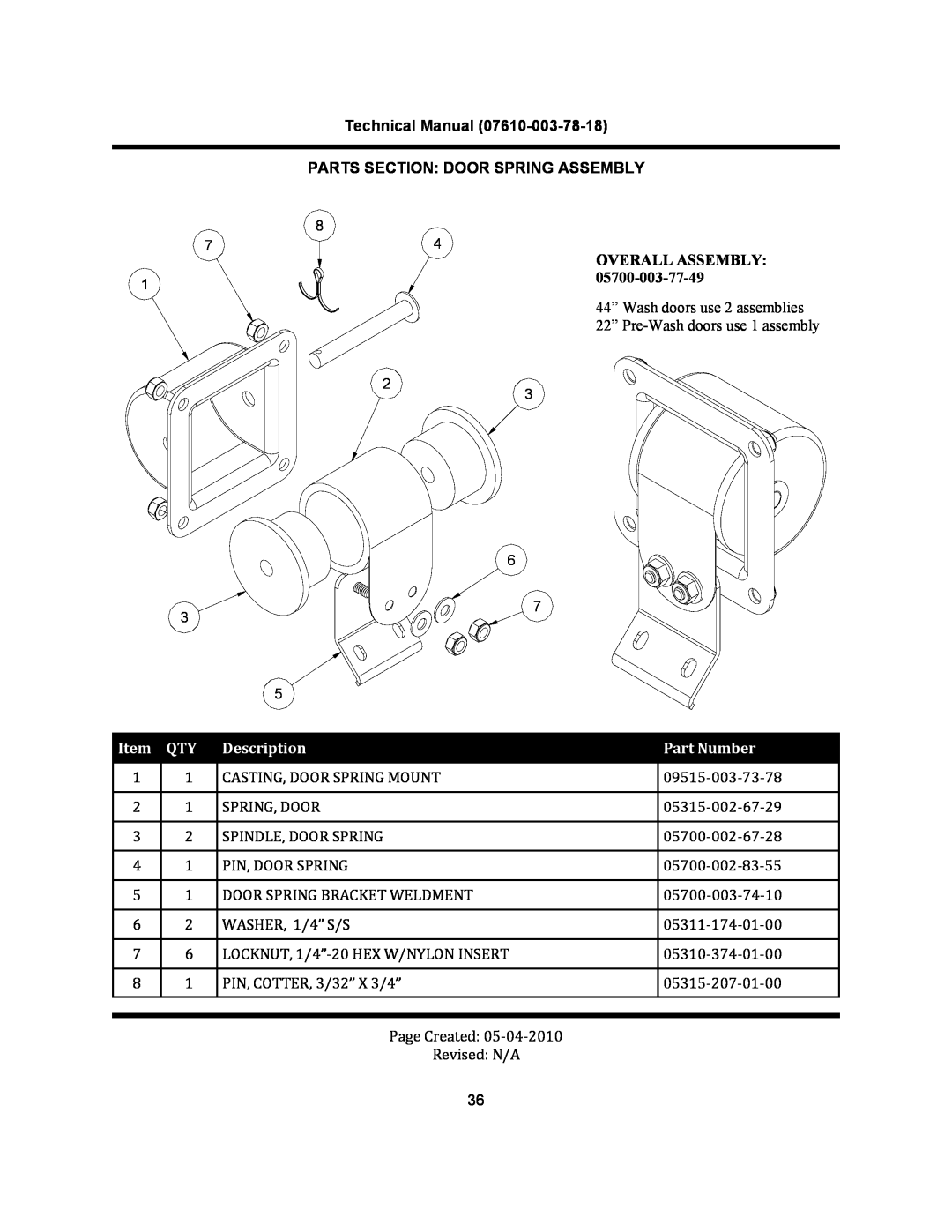 Jackson CREW 44S manual Technical Manual PARTS SECTION DOOR SPRING ASSEMBLY, Overall Assembly, 05700-003-77-49, Description 