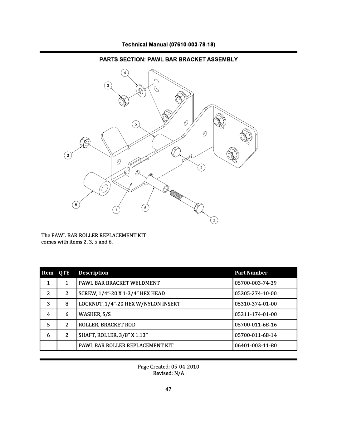 Jackson CREW 66S, CREW 44S manual Technical Manual PARTS SECTION PAWL BAR BRACKET ASSEMBLY, Description, Part Number 