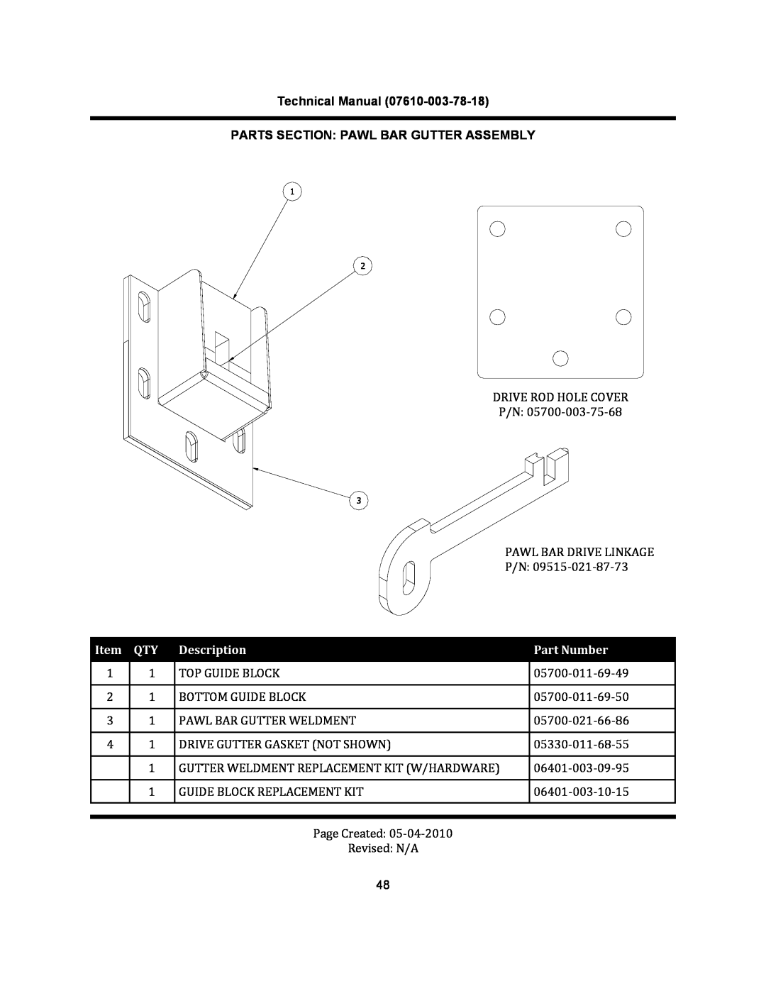 Jackson CREW 66S, CREW 44S manual Technical Manual PARTS SECTION PAWL BAR GUTTER ASSEMBLY, Description, Part Number 