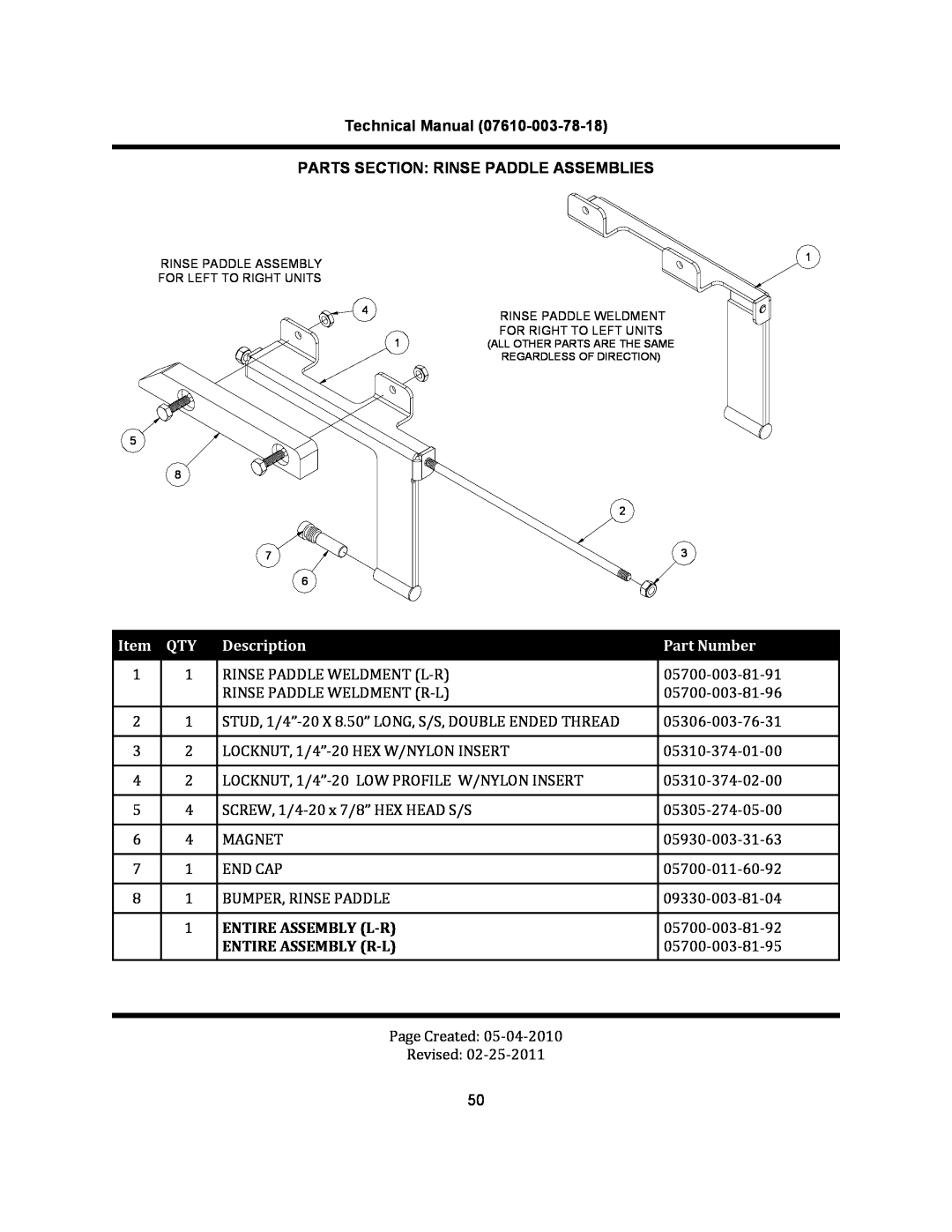 Jackson CREW 66S Technical Manual PARTS SECTION RINSE PADDLE ASSEMBLIES, Description, Part Number, Entire Assembly L‐R 