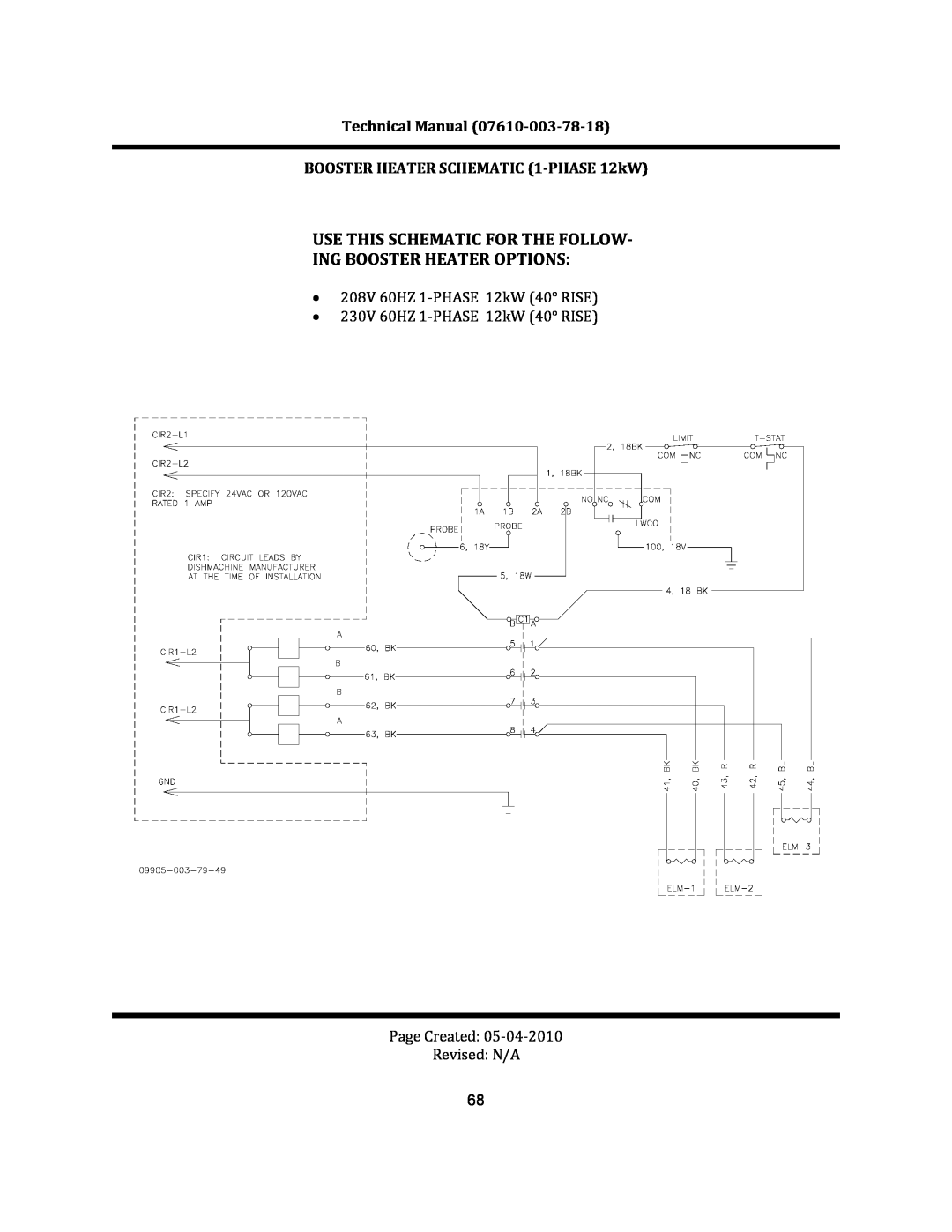 Jackson CREW 66S manual Use This Schematic For The Follow‐ Ing Booster Heater Options, Technical Manual 07610‐003‐78‐18 