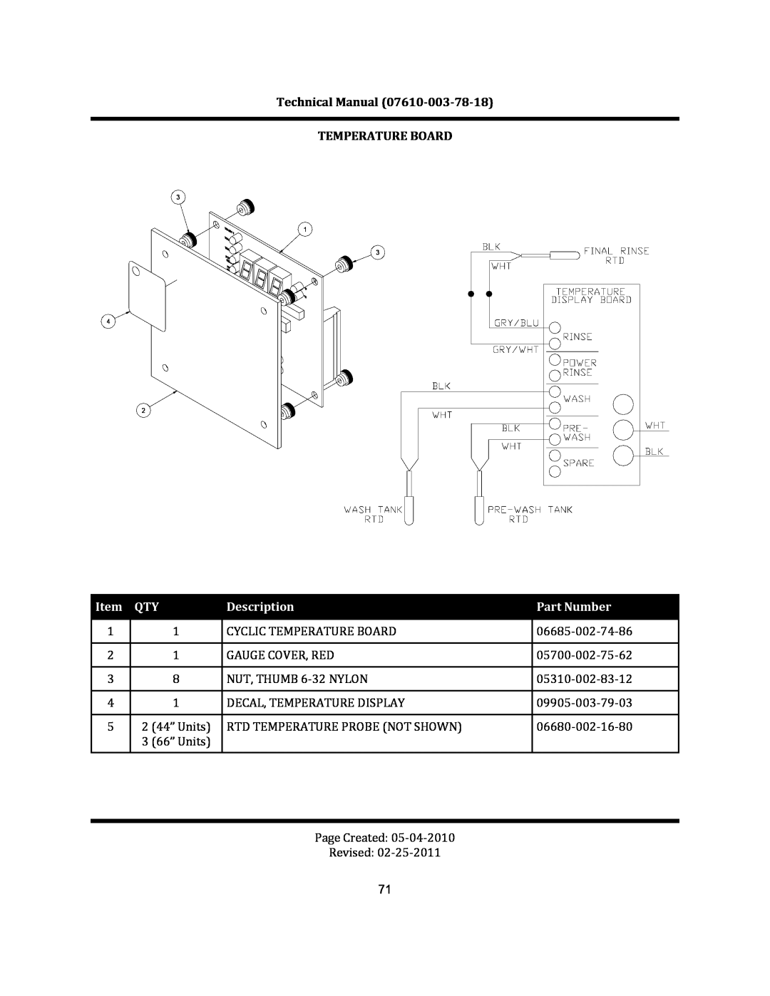 Jackson CREW 44S, CREW 66S manual Technical Manual 07610‐003‐78‐18 TEMPERATURE BOARD, Description, Part Number 