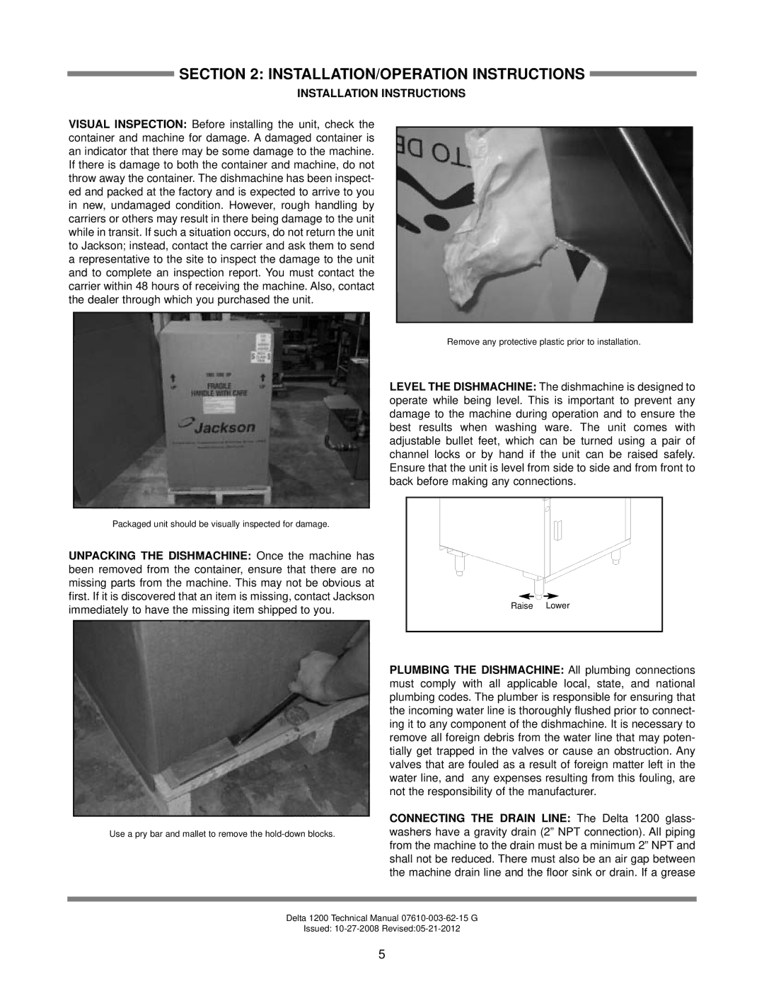 Jackson Delta 1200 technical manual INSTALLATION/OPERATION Instructions, Installation Instructions 