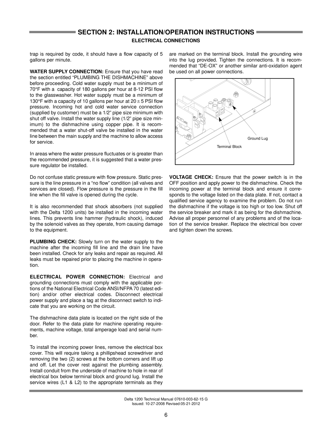 Jackson Chemical Sanitizing Glasswasher Dishmachine Series, Delta 1200 technical manual Electrical Connections 