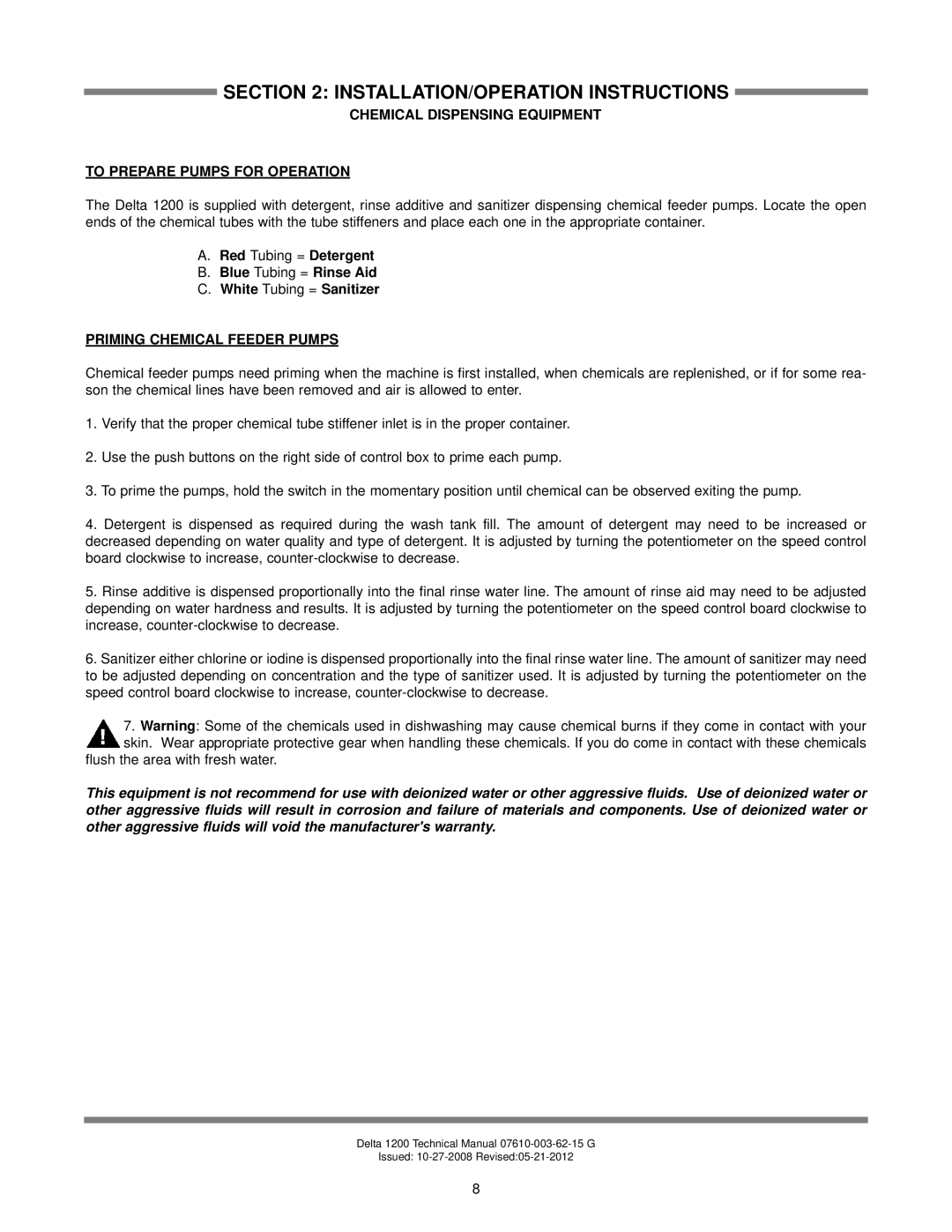 Jackson Chemical Sanitizing Glasswasher Dishmachine Series Chemical Dispensing Equipment To Prepare Pumps for Operation 