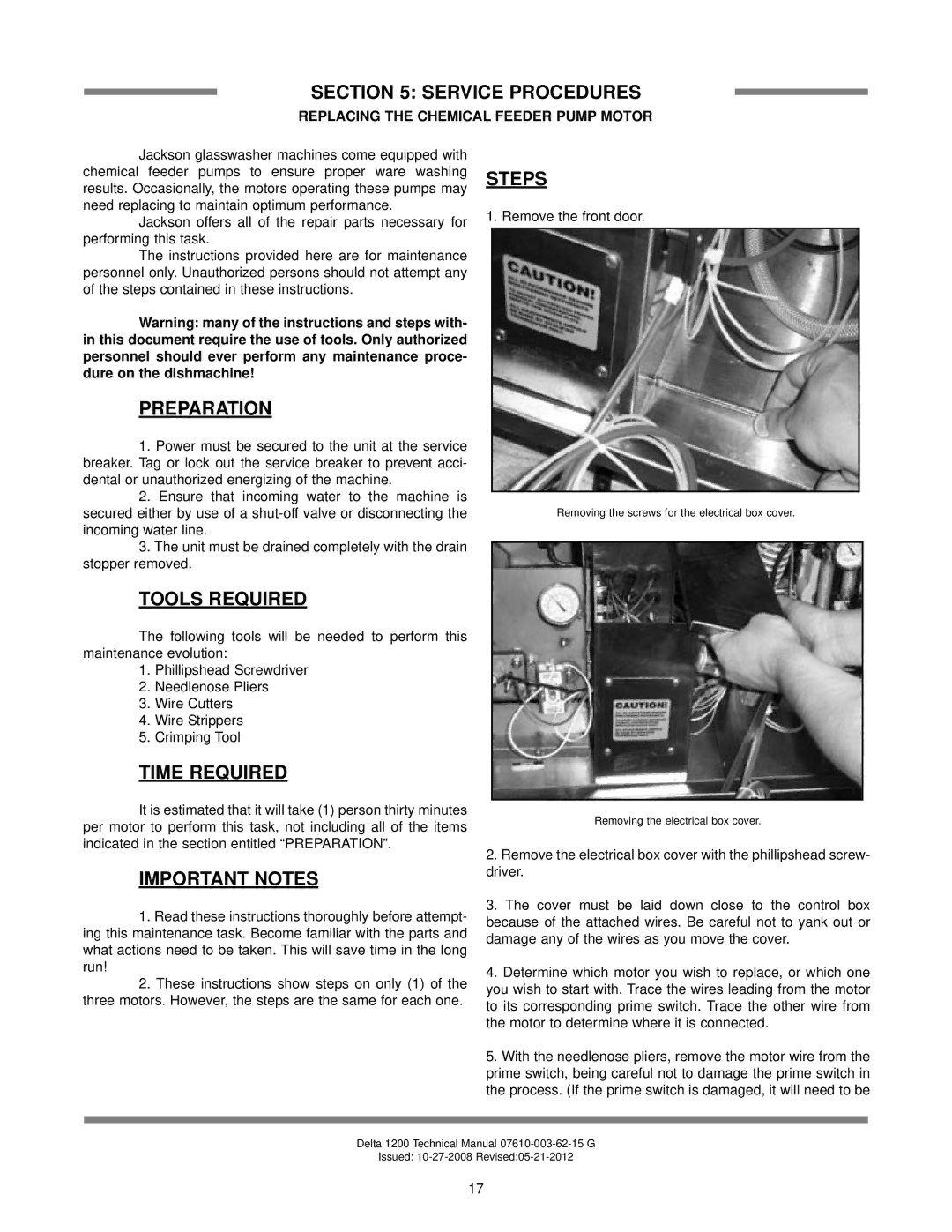 Jackson Delta 1200 technical manual Service Procedures, Preparation, Tools Required, Time Required, Important Notes, Steps 