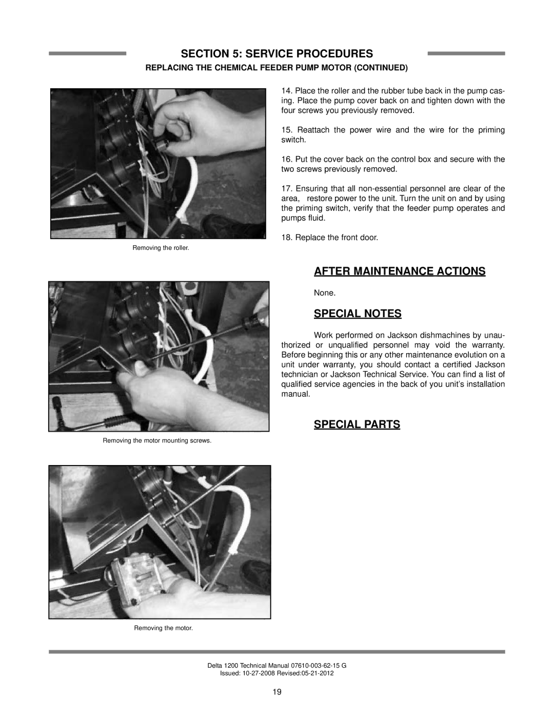 Jackson Delta 1200 technical manual After Maintenance Actions, Special Notes, Special Parts 