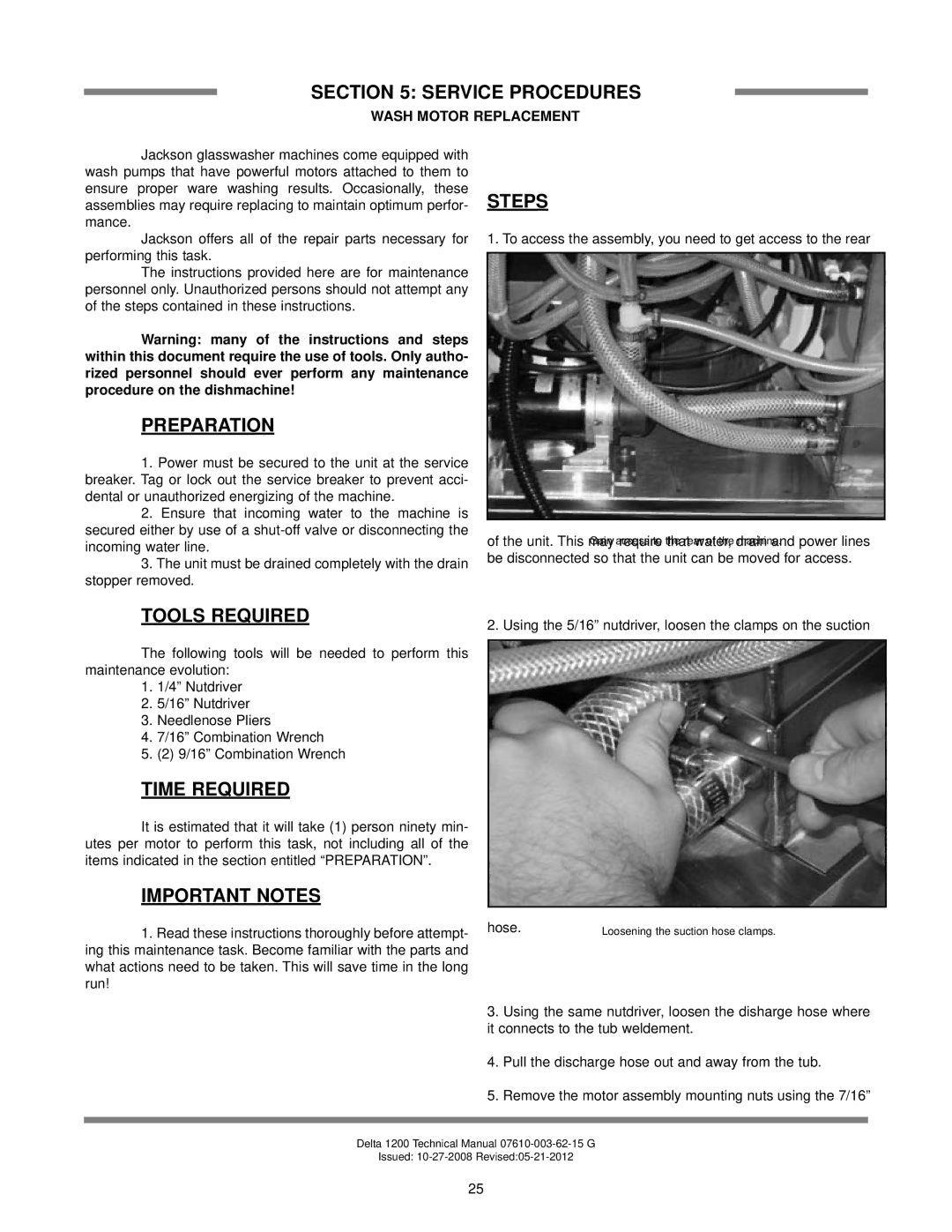 Jackson Delta 1200, Chemical Sanitizing Glasswasher Dishmachine Series Service Procedures, Wash Motor Replacement 