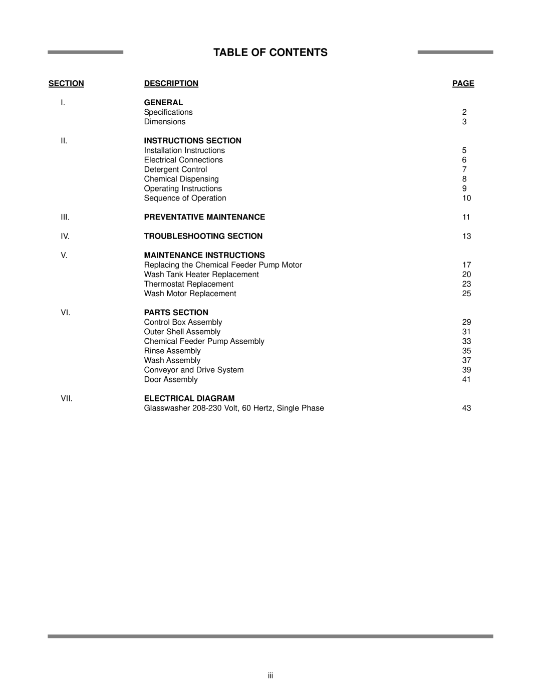 Jackson Chemical Sanitizing Glasswasher Dishmachine Series, Delta 1200 technical manual Table of Contents 