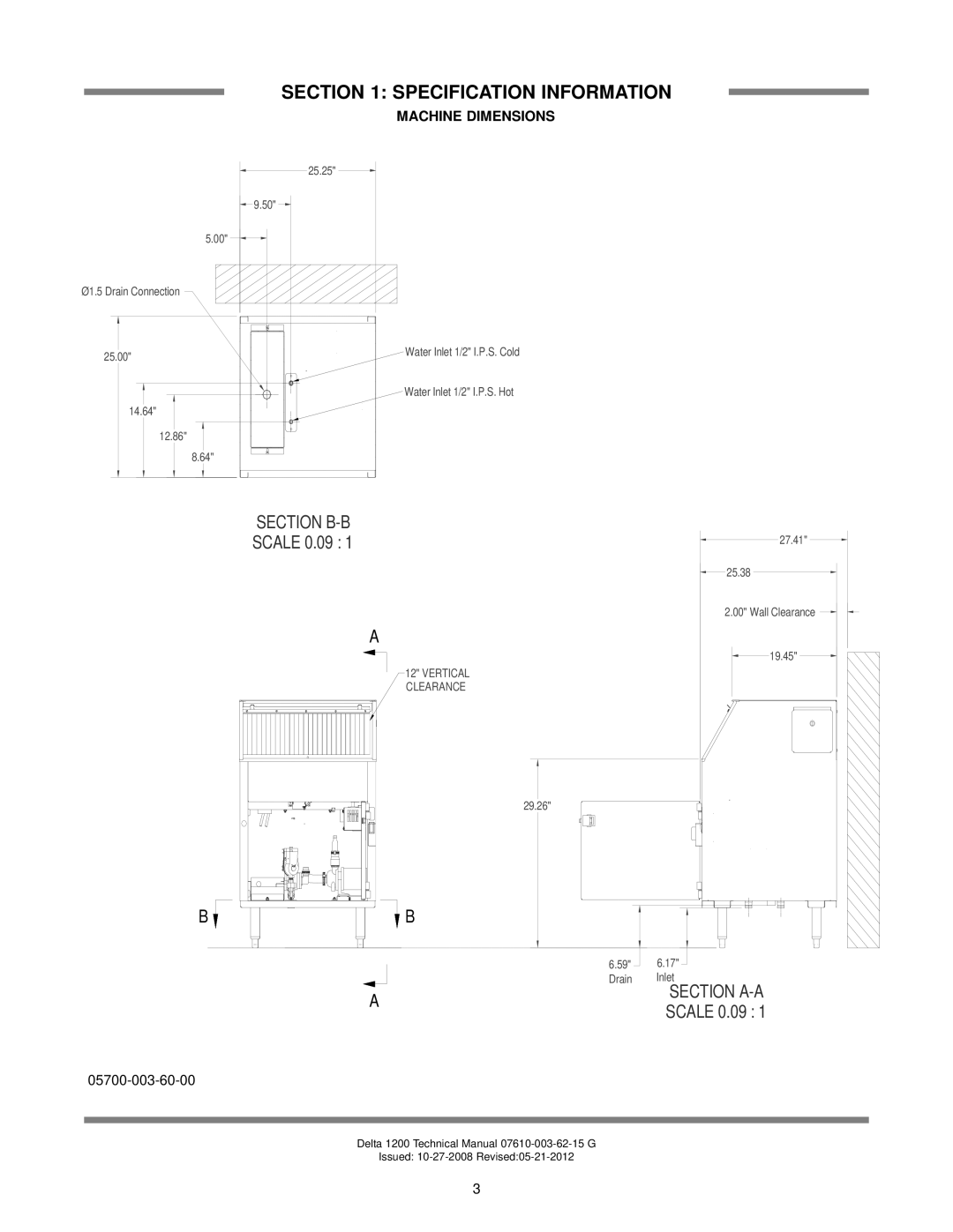 Jackson Delta 1200, Chemical Sanitizing Glasswasher Dishmachine Series technical manual Section B-B, Machine Dimensions 