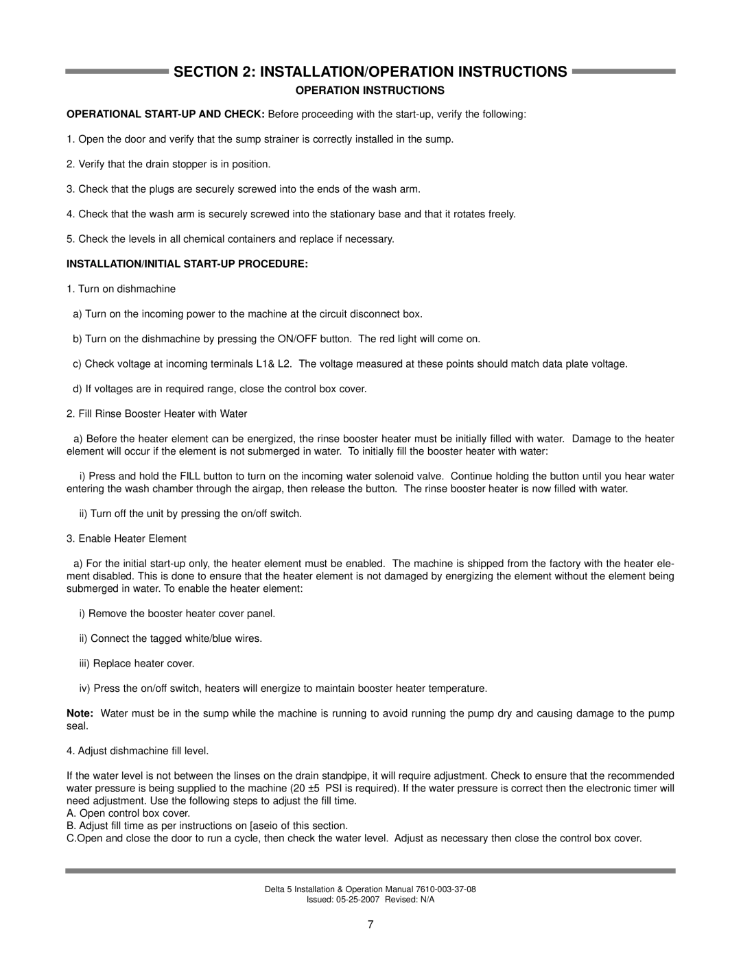 Jackson DELTA 5 D, Delta 5 technical manual Operation Instructions, INSTALLATION/INITIAL START-UP Procedure 