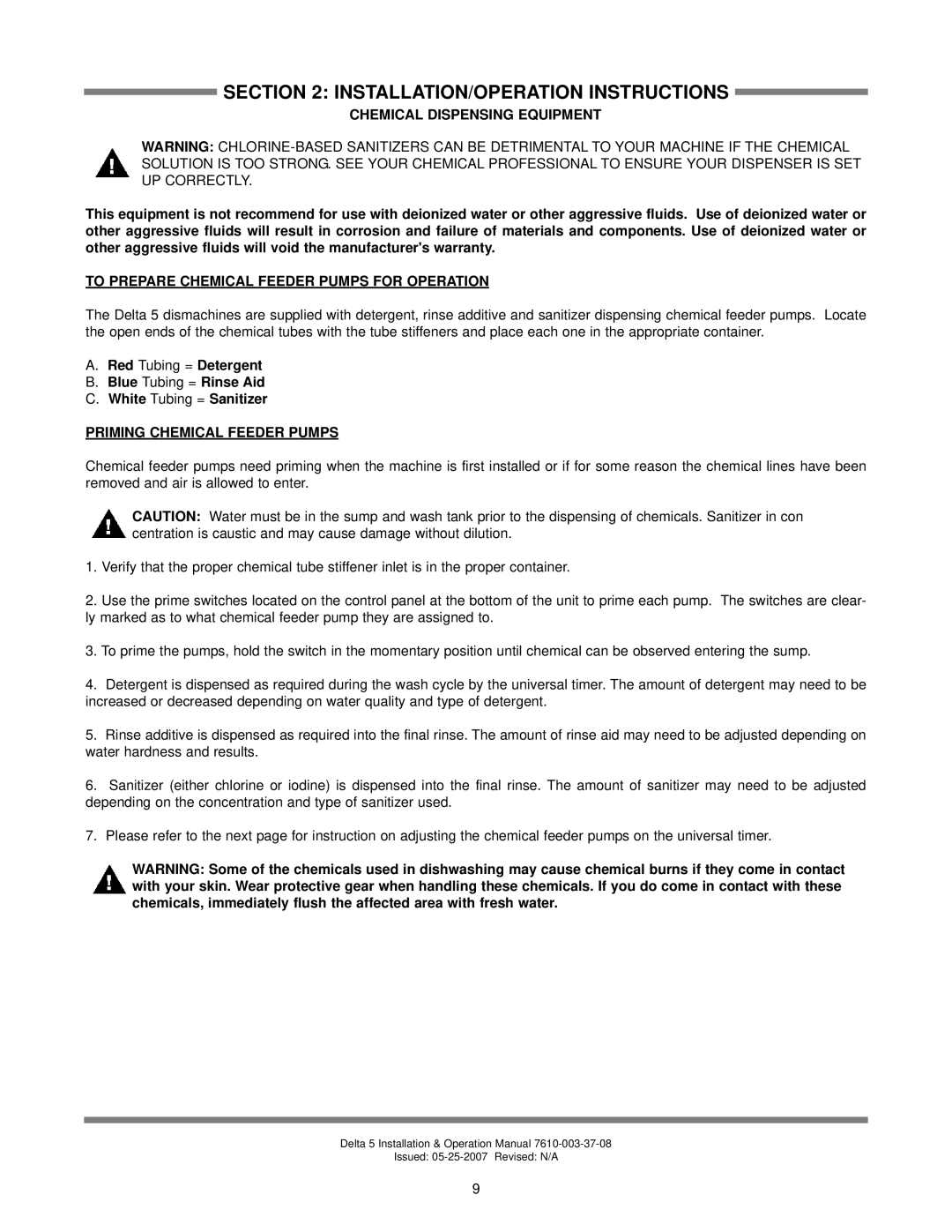 Jackson DELTA 5 D, Delta 5 technical manual Chemical Dispensing Equipment, To Prepare Chemical Feeder Pumps for Operation 