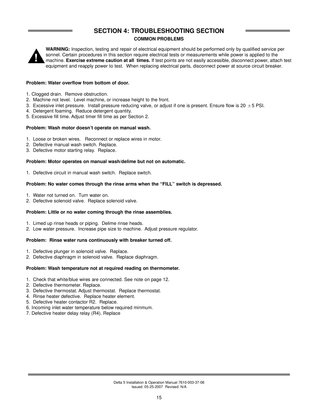 Jackson DELTA 5 D, Delta 5 technical manual Troubleshooting Section, Common Problems 