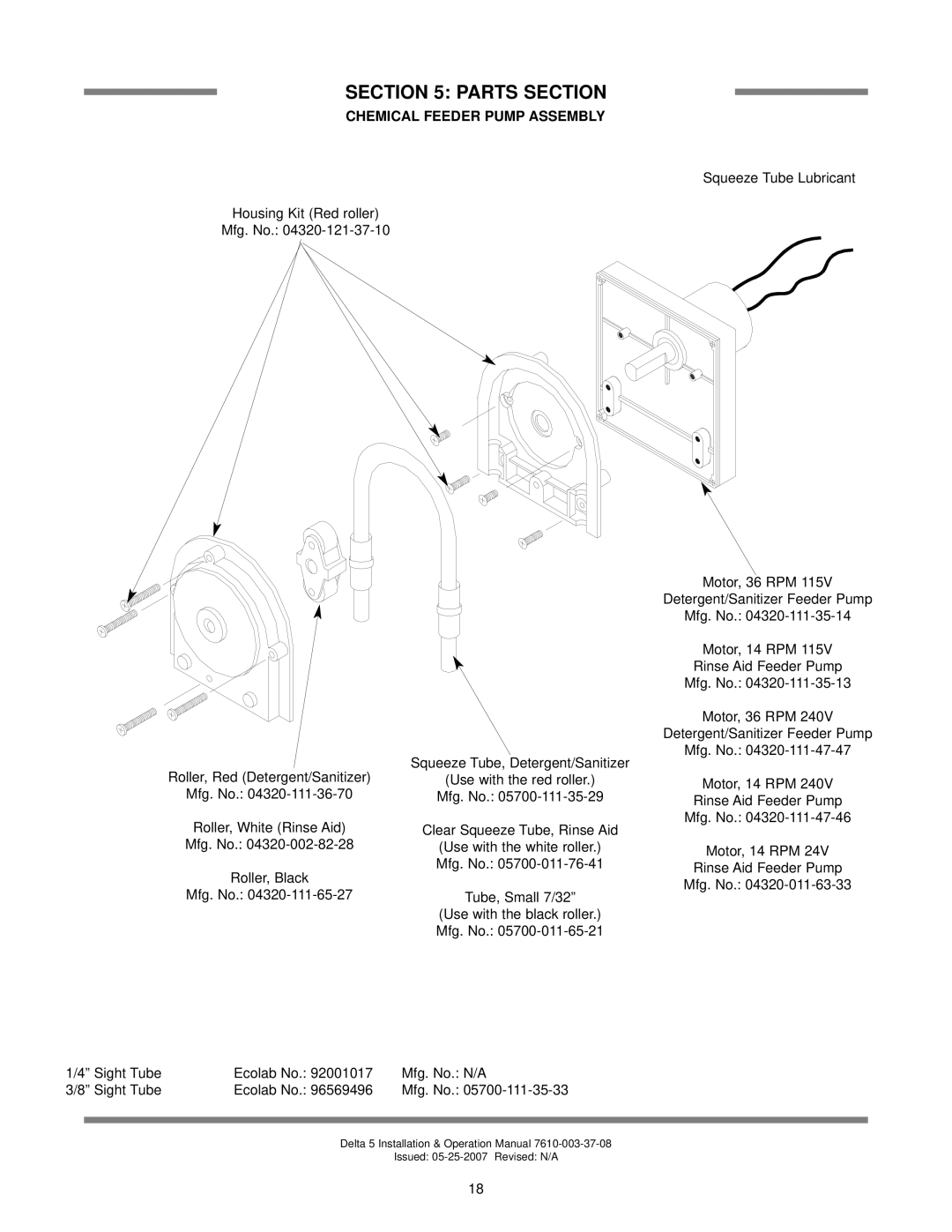 Jackson Delta 5, DELTA 5 D technical manual Parts Section, Chemical Feeder Pump Assembly 