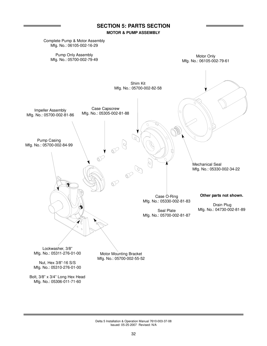 Jackson Delta 5, DELTA 5 D technical manual Motor & Pump Assembly, Other parts not shown 