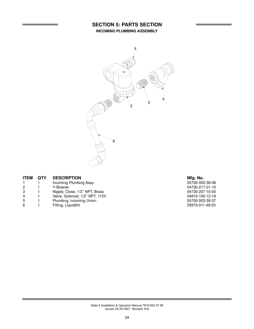 Jackson Delta 5, DELTA 5 D technical manual Incoming Plumbing Assembly, Parts Section, Description, Mfg. No 