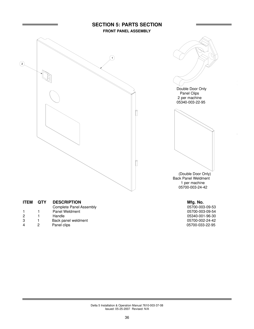 Jackson Delta 5, DELTA 5 D technical manual Front Panel Assembly, Parts Section, Description, Mfg. No 