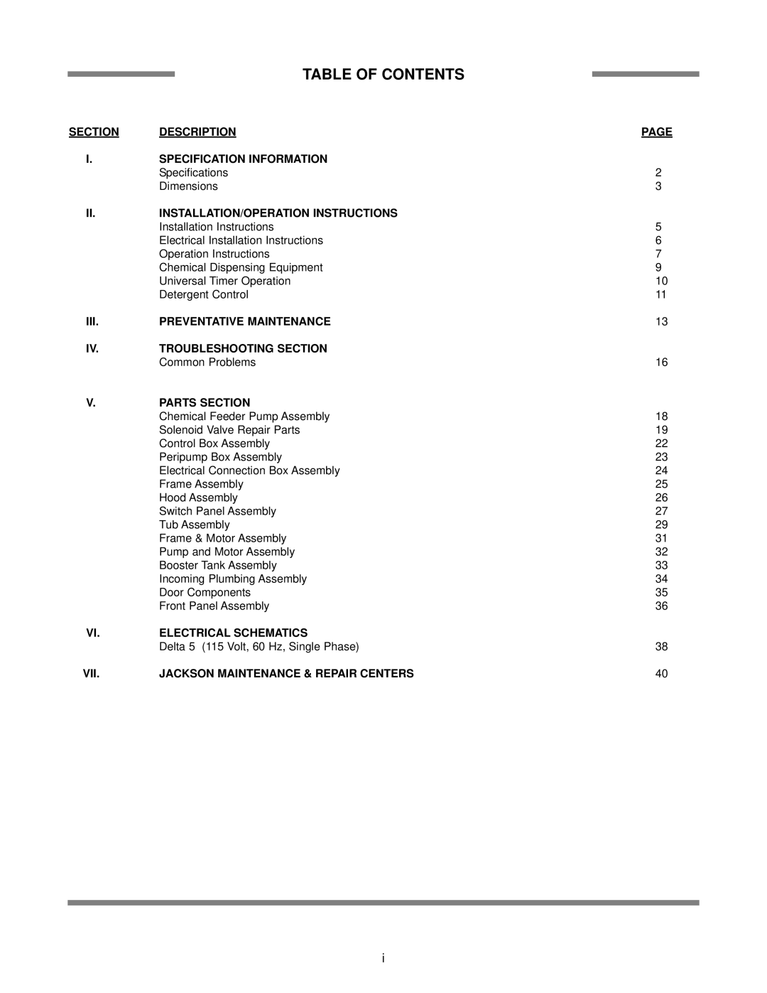 Jackson Delta 5 Table Of Contents, Section, Description, Page, I. Specification Information, Preventative Maintenance 