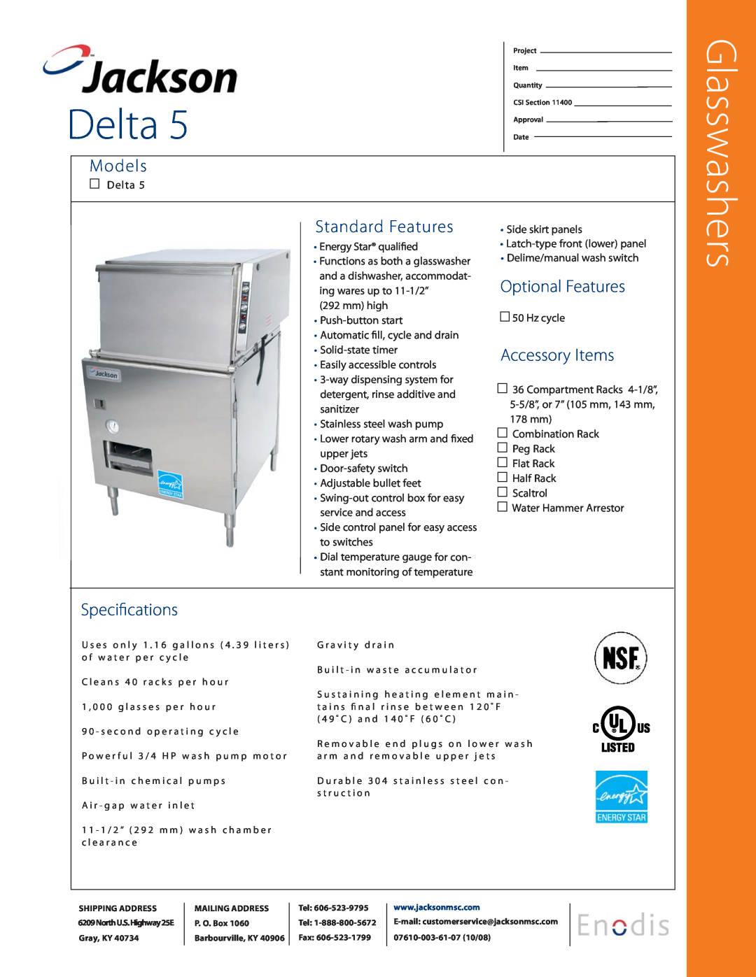 Jackson Delta 5 specifications a aG rsssw, Models, Standard Features, Optional Features, Accessory Items, Speciﬁcations 