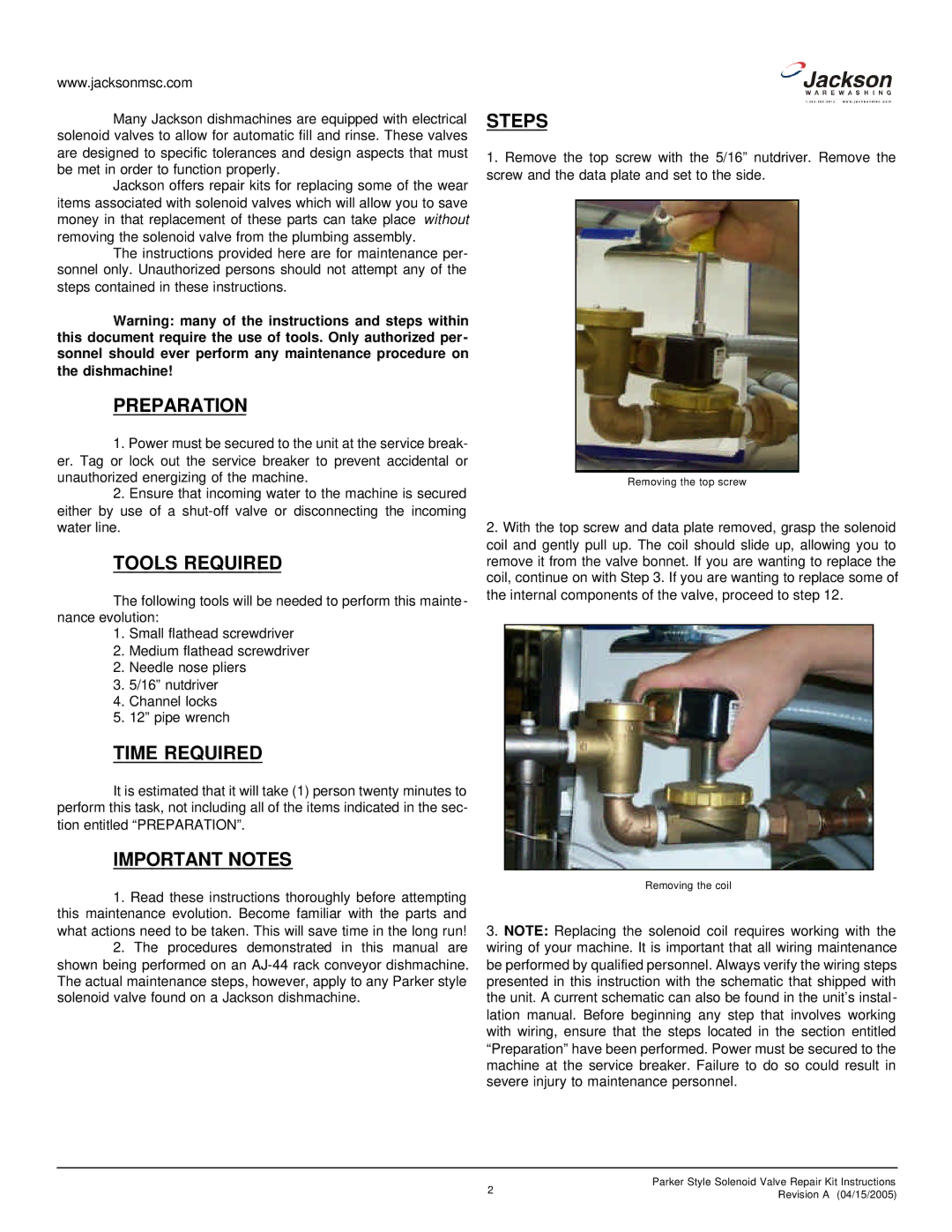 Jackson Dishmachine Component manual Preparation, Tools Required, Time Required, Important Notes, Steps 