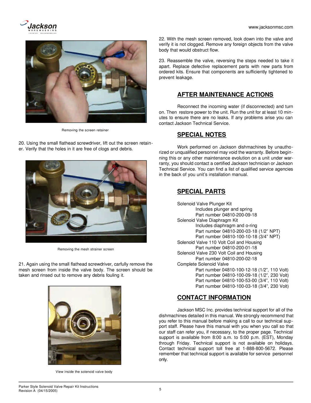 Jackson Dishmachine Component manual After Maintenance Actions, Special Notes, Special Parts, Contact Information 