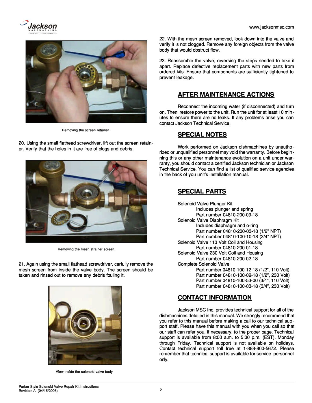 Jackson Dishmachine Component manual After Maintenance Actions, Special Notes, Special Parts, Contact Information 