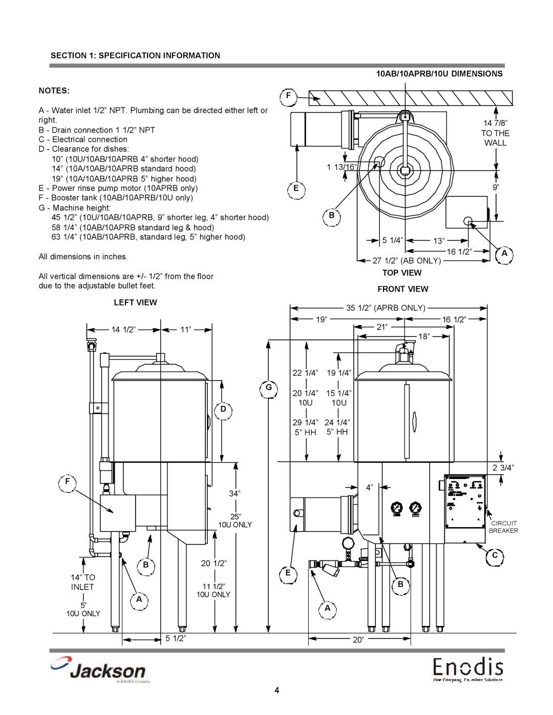 Jackson dishmachines technical manual Specification Information 10AB/10APRB/10U Dimensions, Front View Left View 