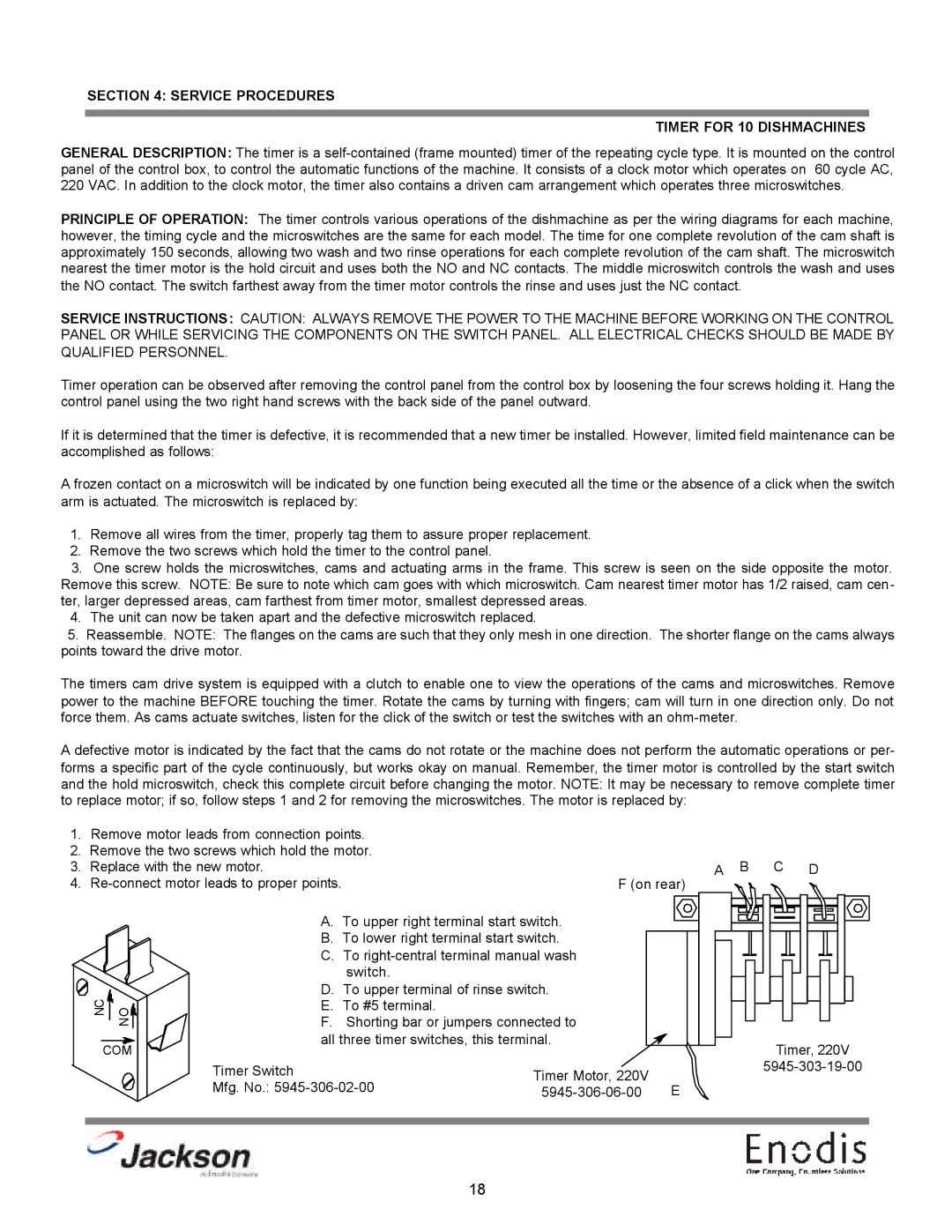 Jackson 10U, dishmachines, 10APRB, 10AB technical manual Service Procedures Timer for 10 Dishmachines 