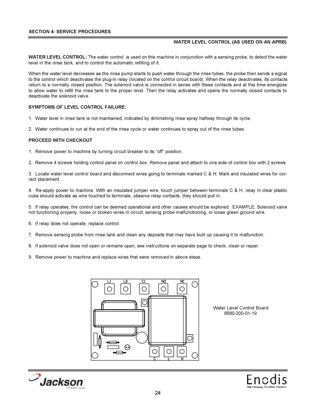 Jackson dishmachines, 10APRB, 10AB, 10U technical manual Service Procedures Water Level Control AS Used on AN Aprb 