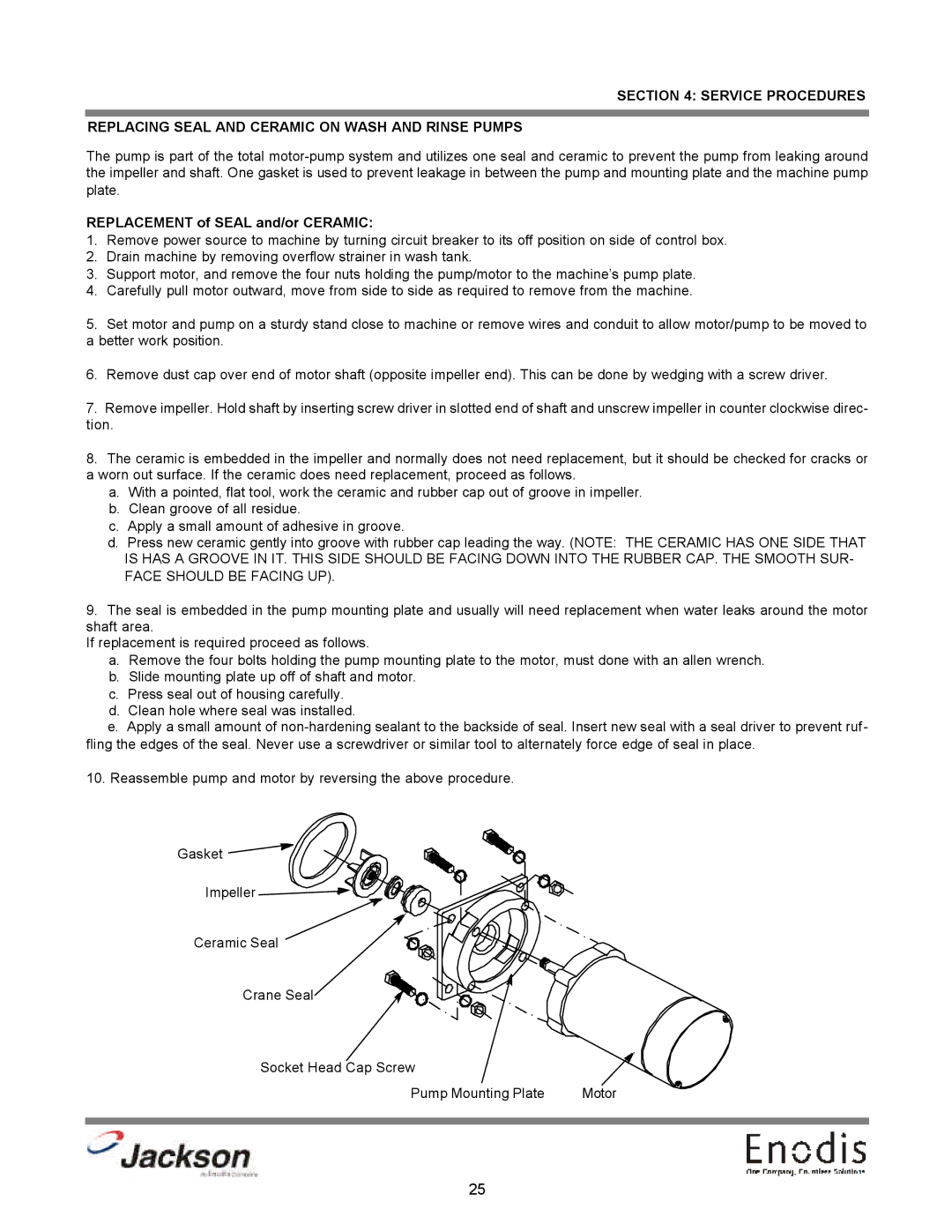 Jackson 10APRB, dishmachines, 10AB, 10U technical manual Replacement of Seal and/or Ceramic 