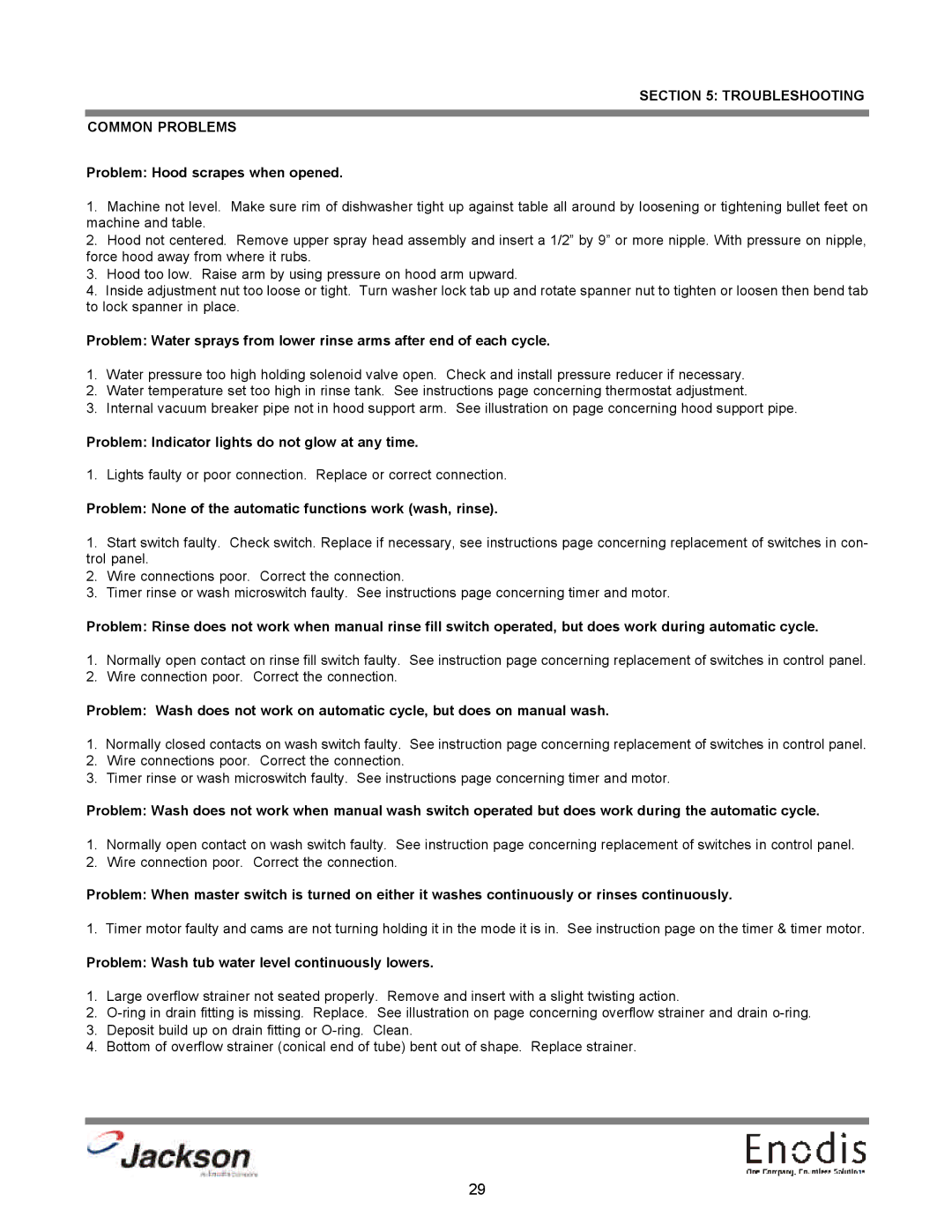 Jackson dishmachines, 10APRB, 10AB, 10U technical manual Problem Indicator lights do not glow at any time 