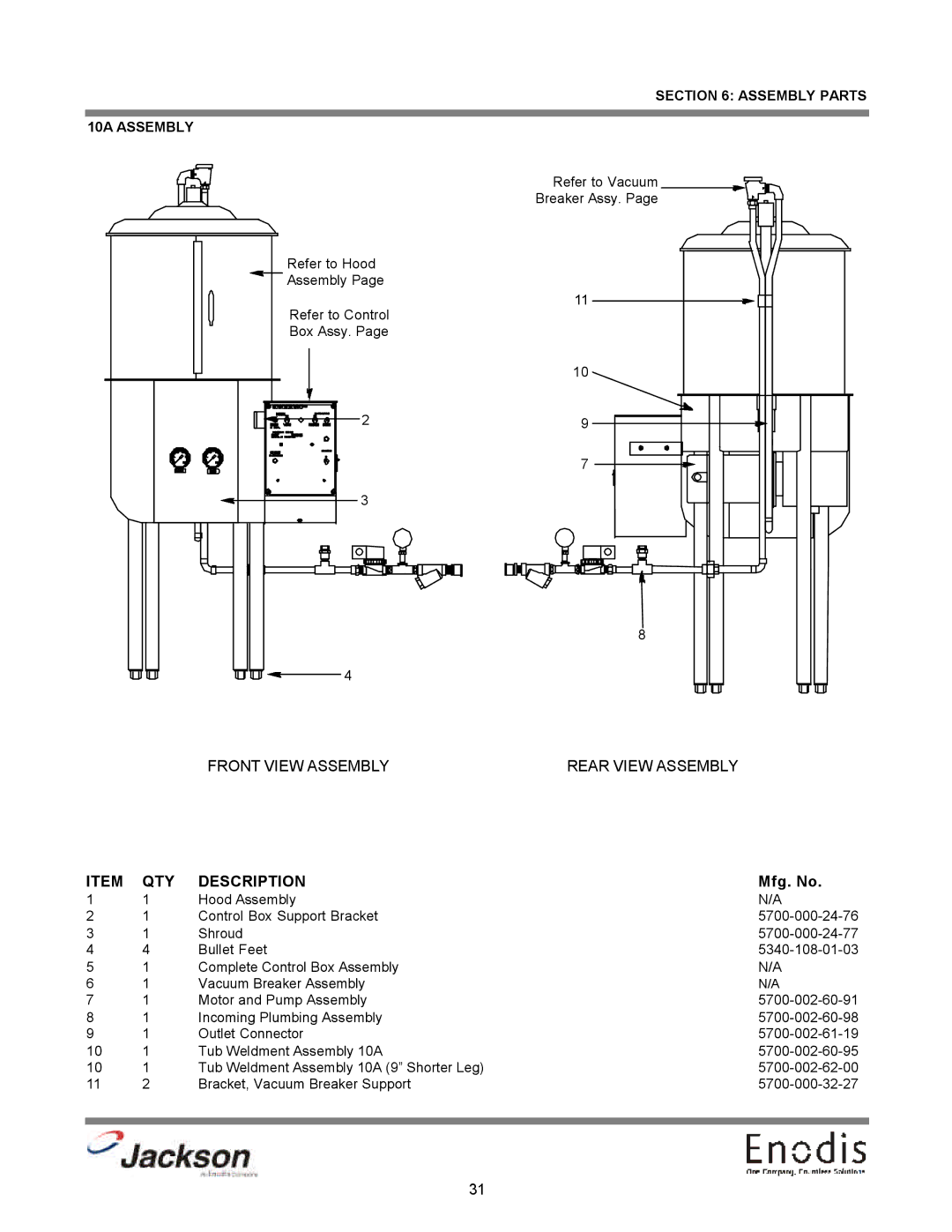 Jackson dishmachines, 10APRB, 10AB, 10U technical manual QTY Description, Assembly Parts 10A Assembly 