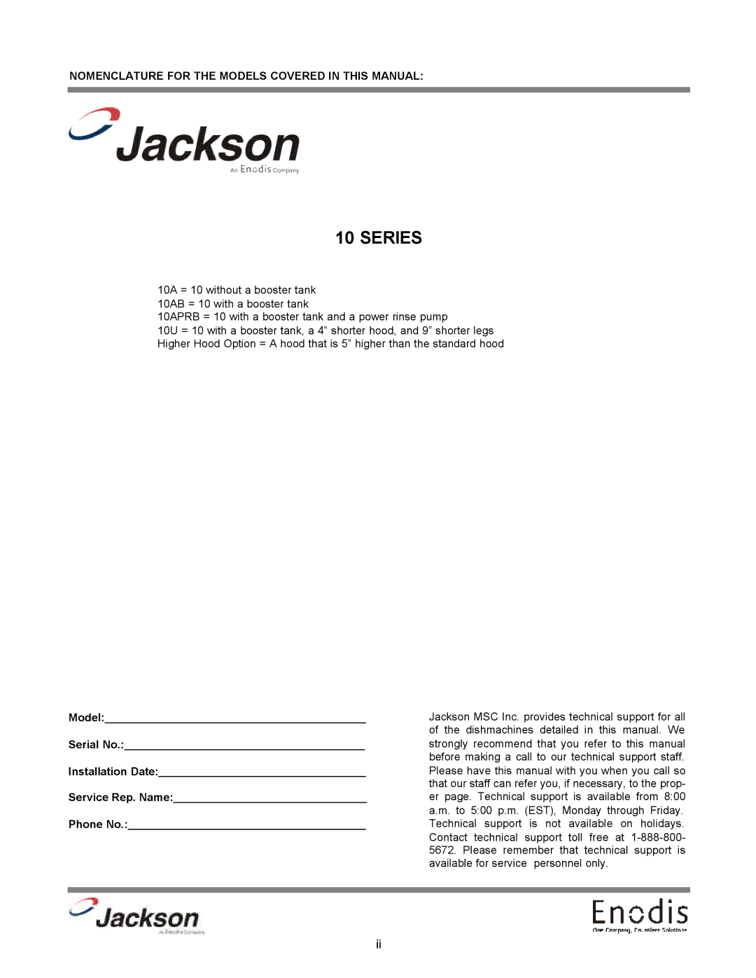 Jackson 10U, dishmachines, 10APRB, 10AB technical manual Series, Nomenclature for the Models Covered in this Manual 