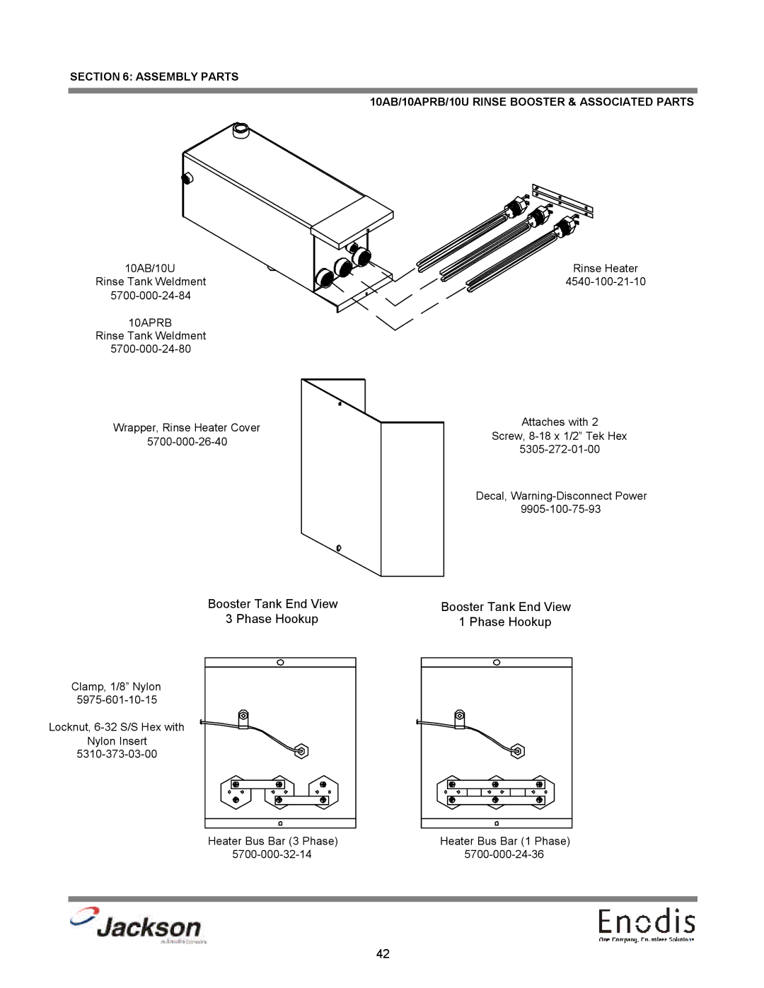 Jackson 10AB, dishmachines, 10APRB, 10U technical manual Booster Tank End View Phase Hookup 