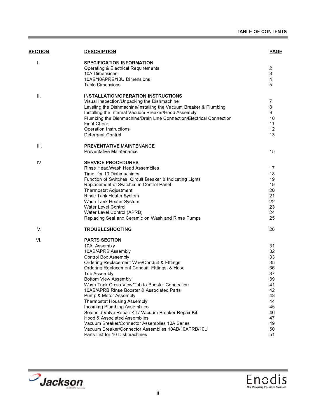 Jackson dishmachines Table of Contents, Section Description Specification Information, INSTALLATION/OPERATION Instructions 