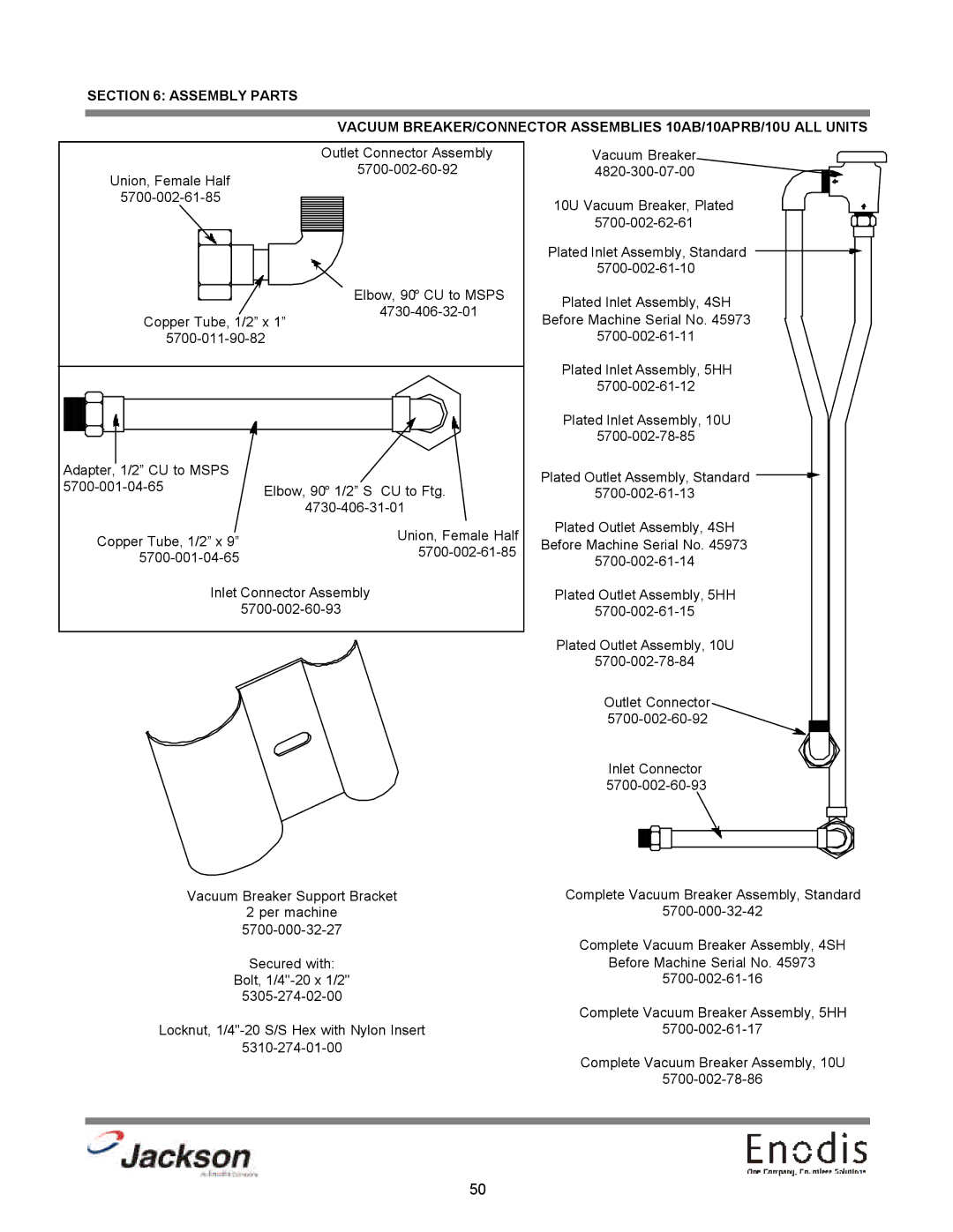 Jackson 10APRB, dishmachines, 10AB, 10U technical manual Copper Tube, 1/2 x 5700-002-61-85 5700-001-04-65 