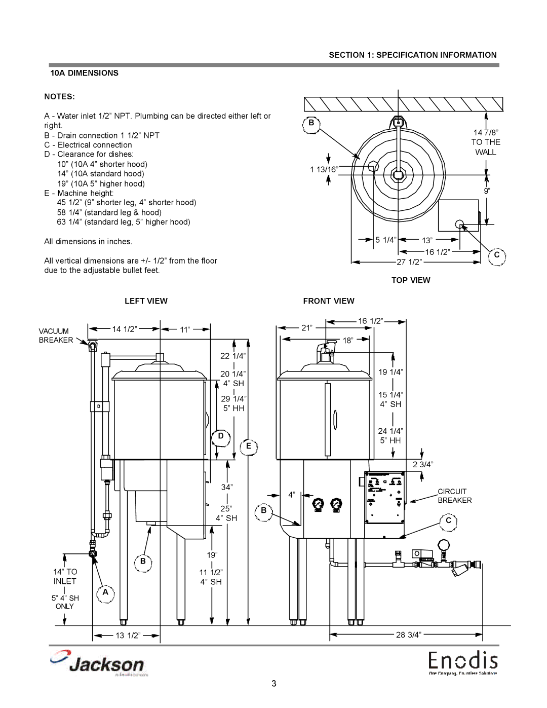 Jackson 10U, dishmachines, 10APRB, 10AB technical manual 10A Dimensions, TOP View, Left View, Front View 