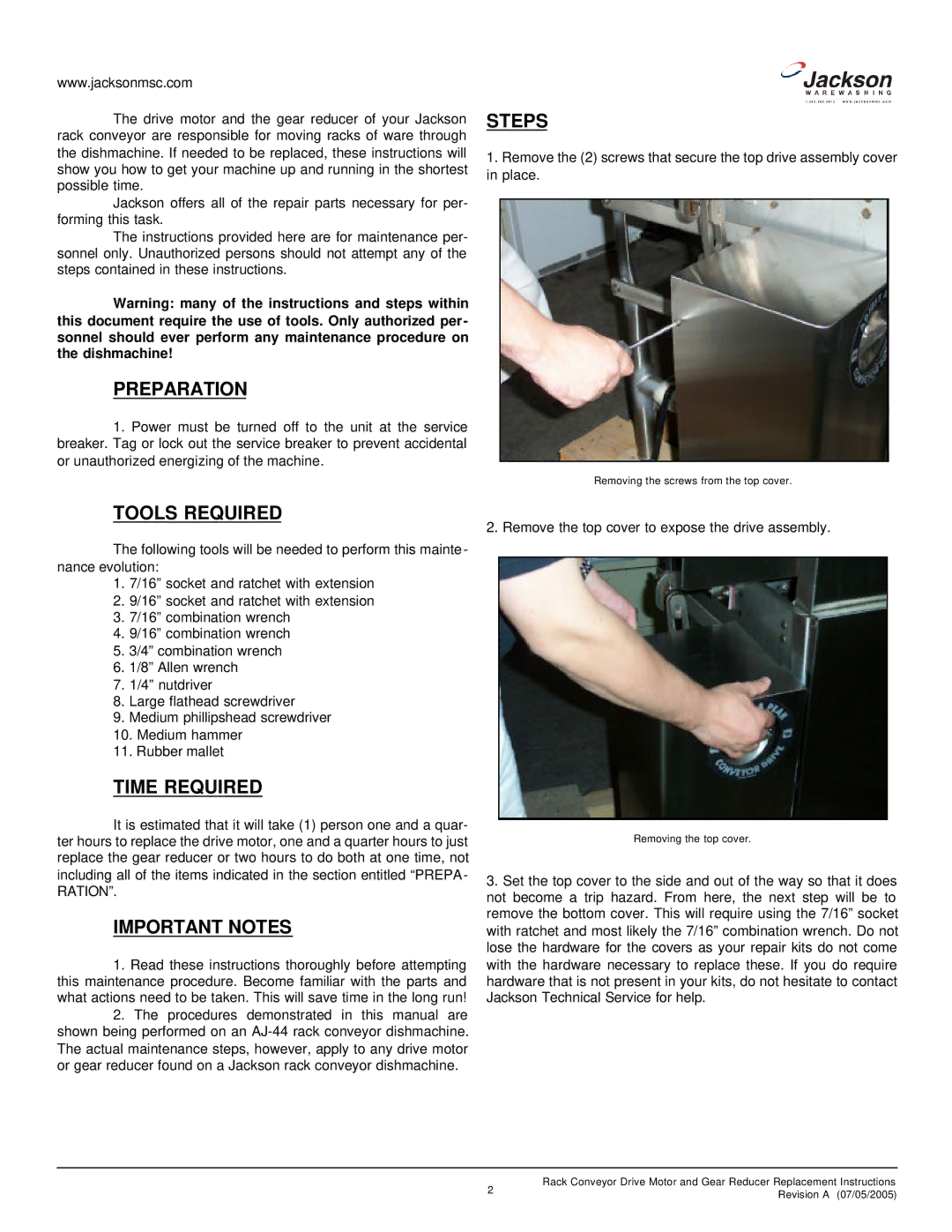 Jackson 07610-003-08-78 A, Drive Motor & Gear Reducer Preparation, Steps, Tools Required, Time Required, Important Notes 