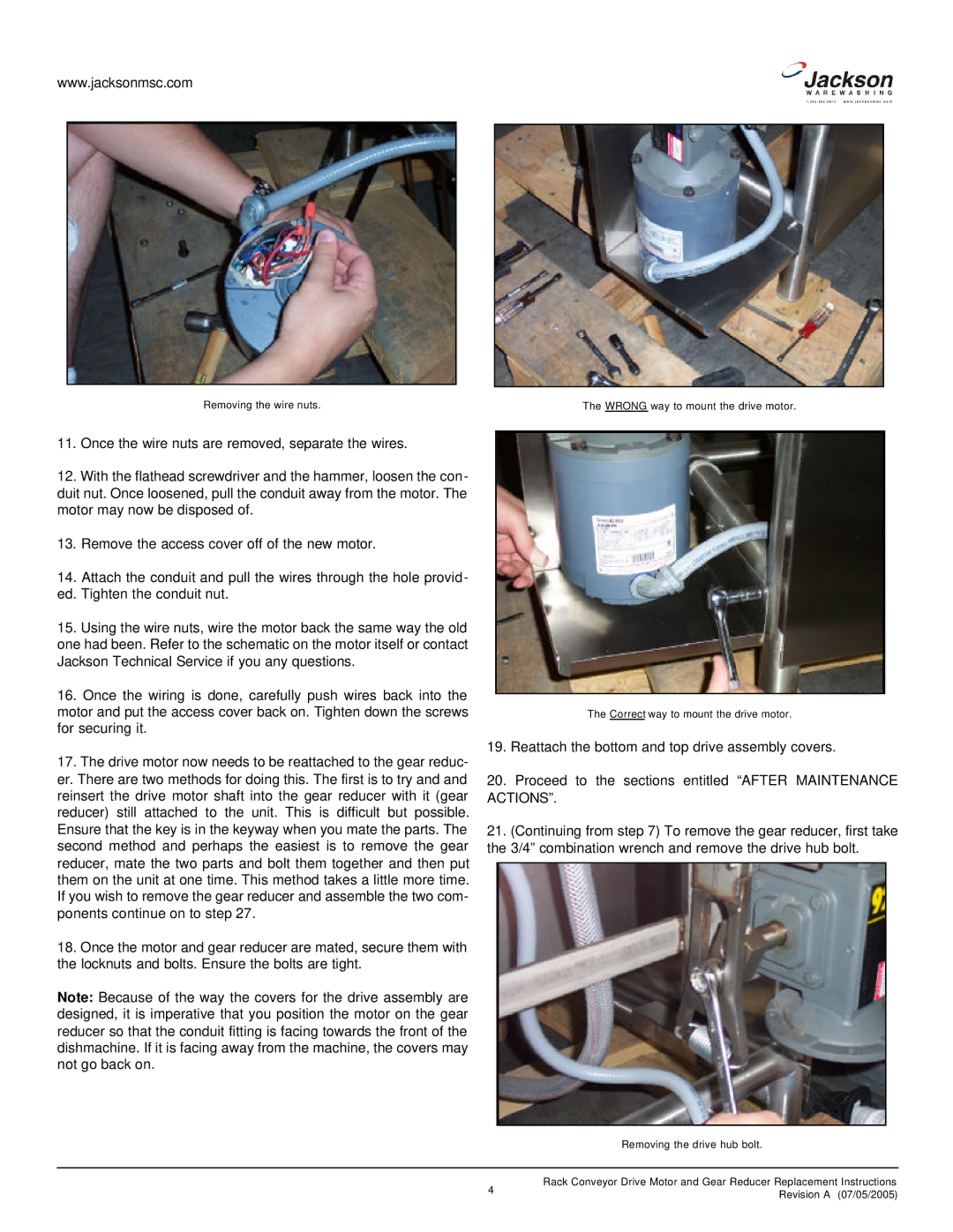 Jackson 07610-003-08-78 A, Drive Motor & Gear Reducer manual Removing the wire nuts 