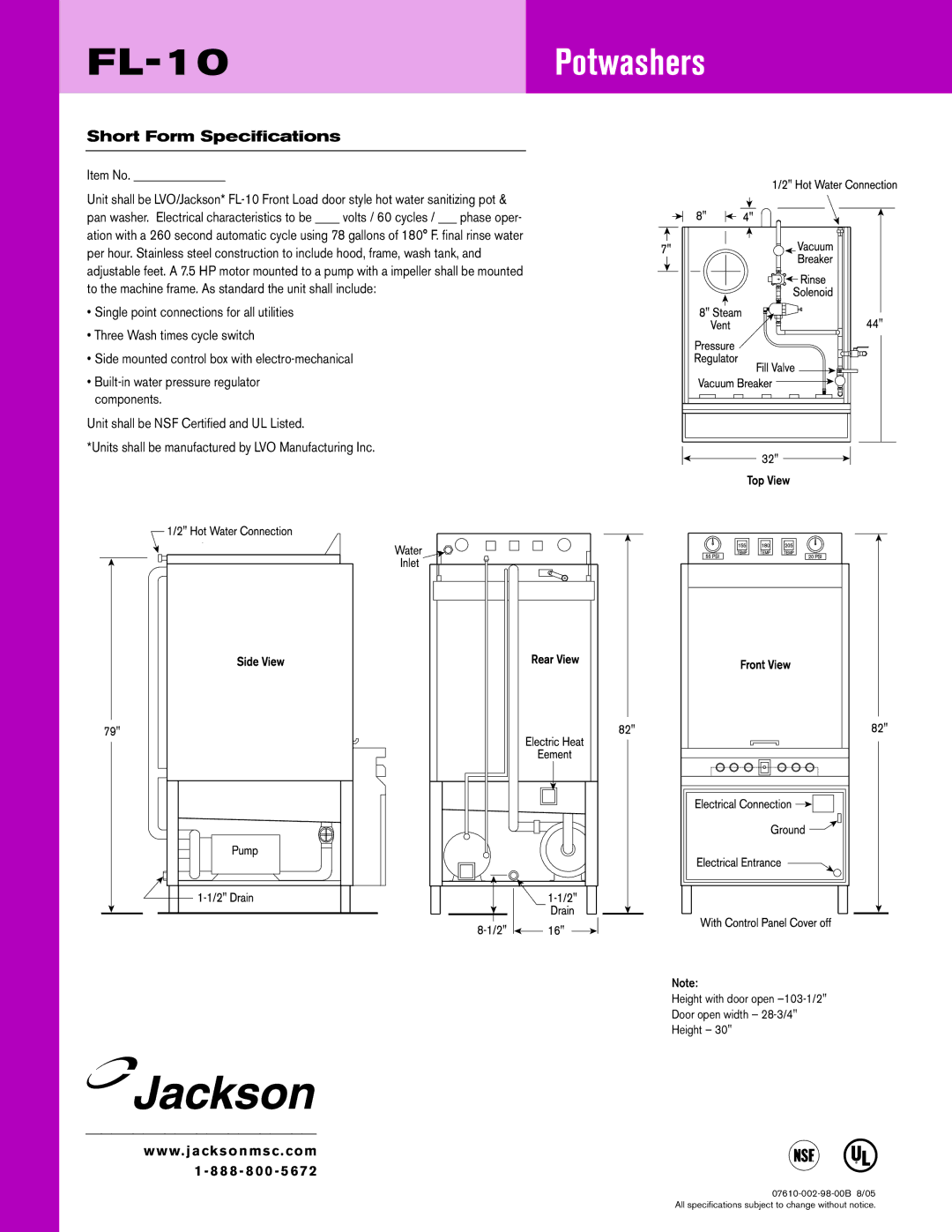 Jackson dimensions FL-10Potwashers, Short Form Specifications 