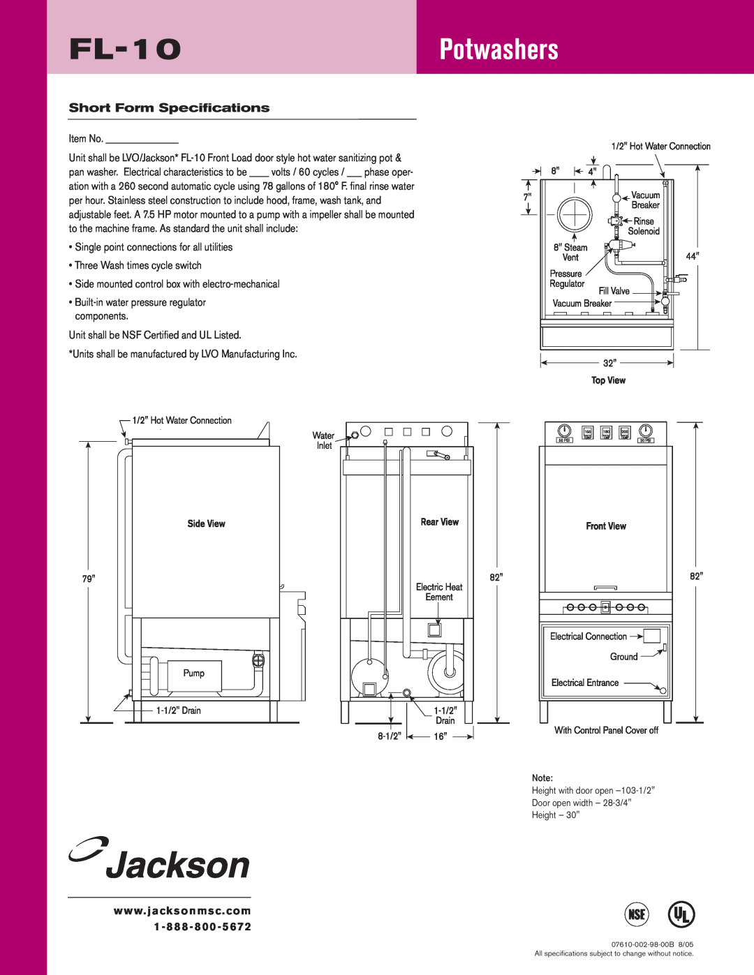 Jackson dimensions Short Form Specifications, FL-10Potwashers 