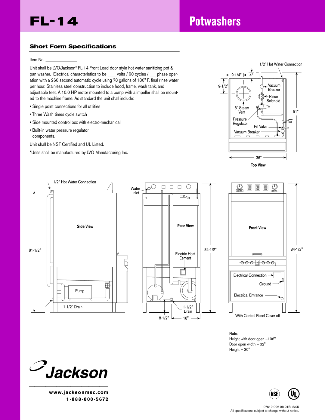 Jackson dimensions FL-14Potwashers, Short Form Specifications 