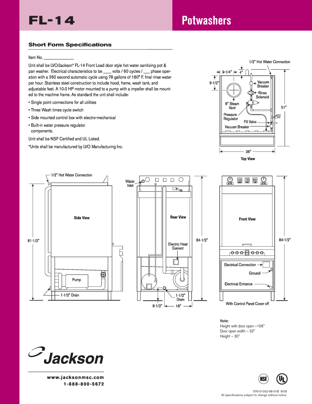 Jackson dimensions Short Form Specifications, FL-14Potwashers 