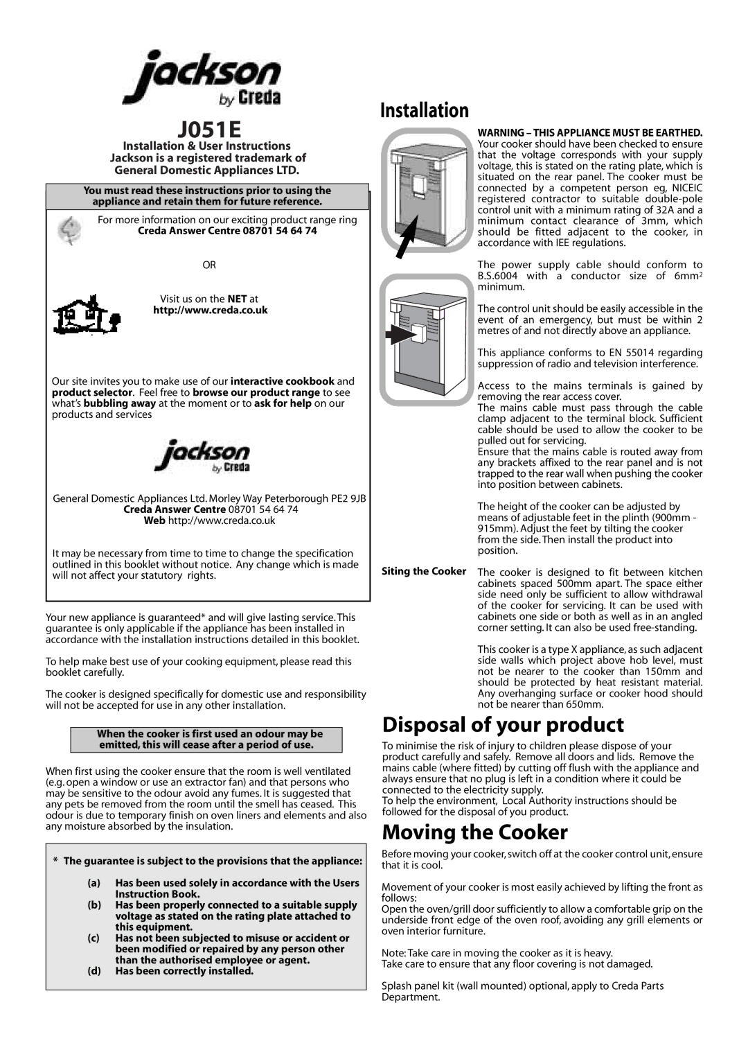 Jackson J051E installation instructions Disposal of your product, Moving the Cooker, Creda Answer Centre 08701 54 64 