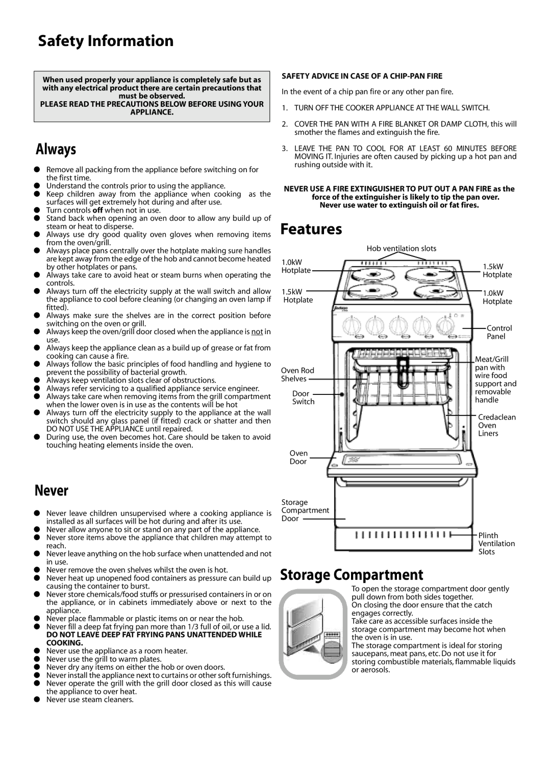 Jackson J051E installation instructions Safety Information, Always, Never, Features, Storage Compartment 