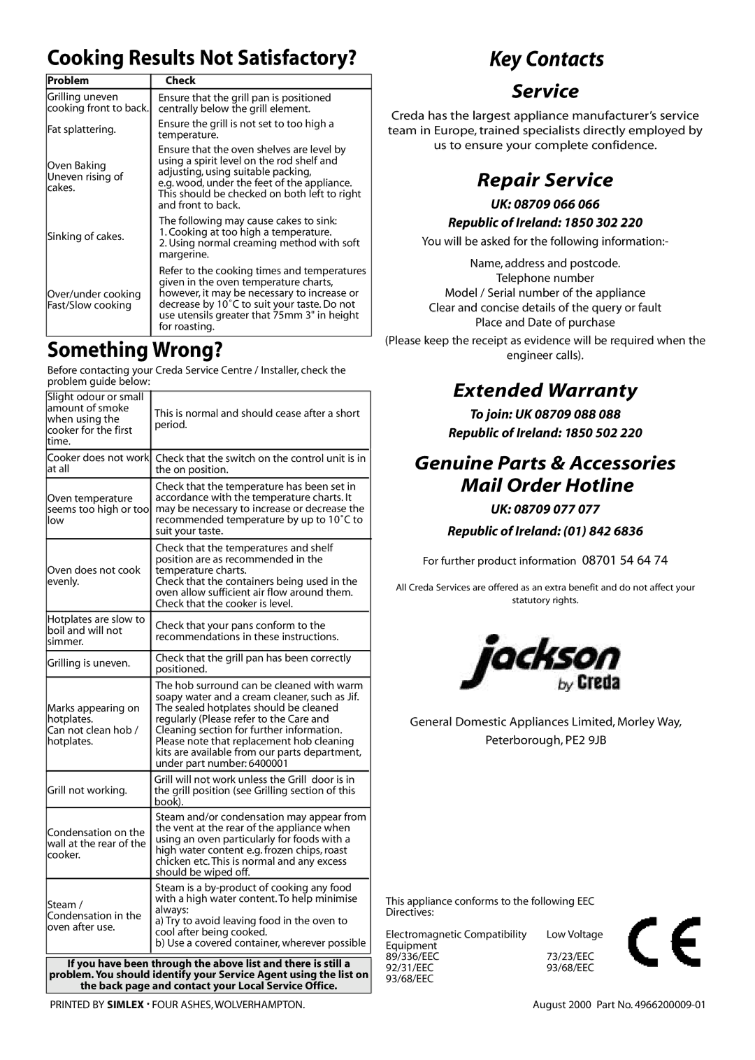 Jackson J051E installation instructions Something Wrong?, Problem Check, Printed by Simlex . Four ASHES, Wolverhampton 