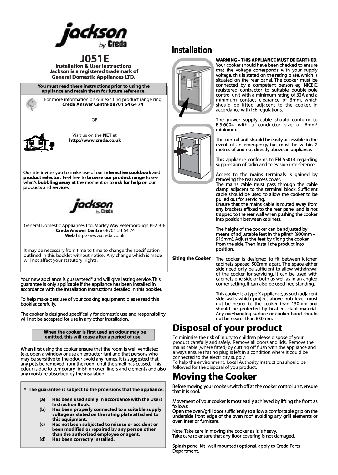 Jackson J051E installation instructions Disposal of your product, Moving the Cooker, Installation 