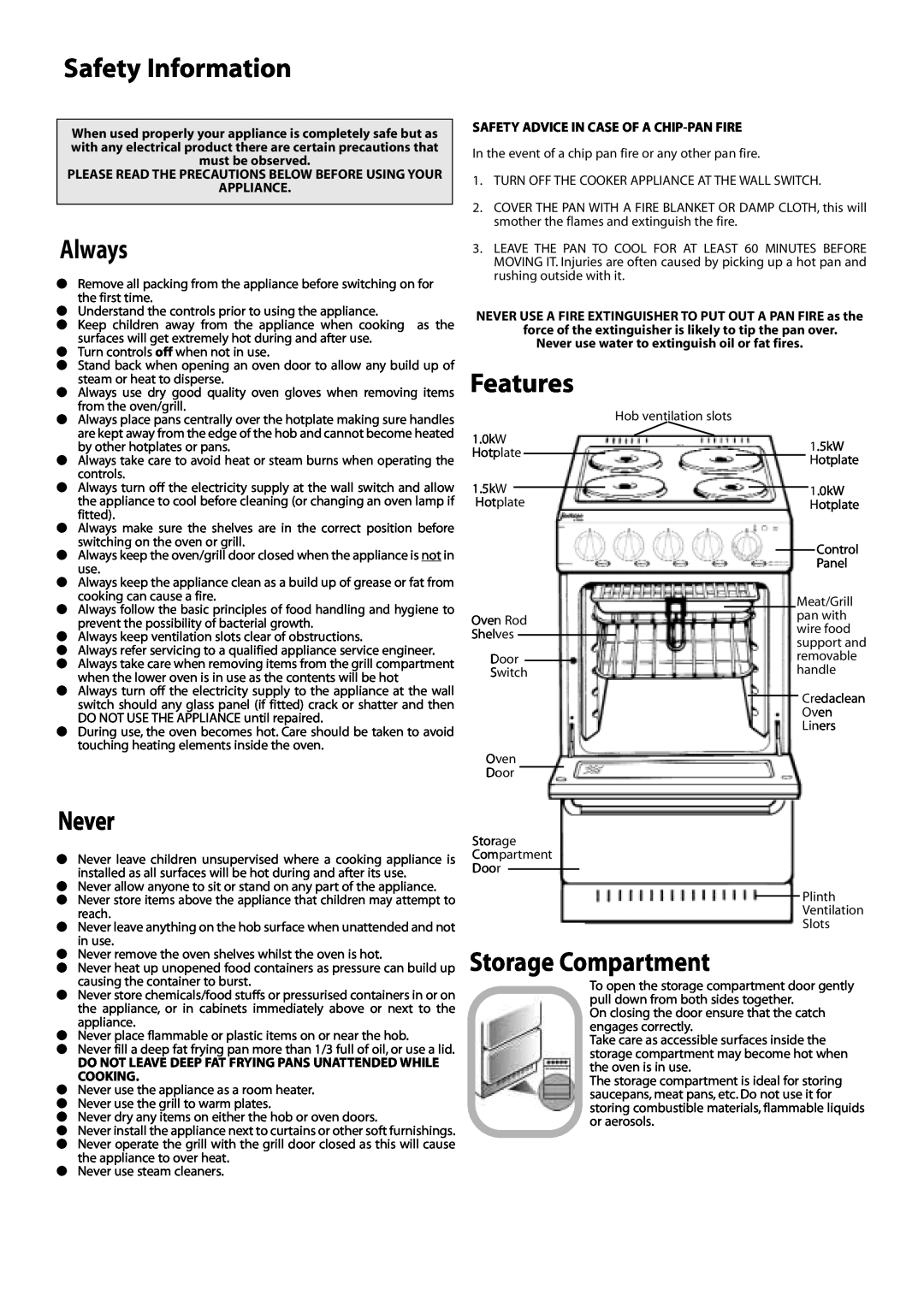 Jackson J051E installation instructions Safety Information, Always, Never, Features, Storage Compartment 