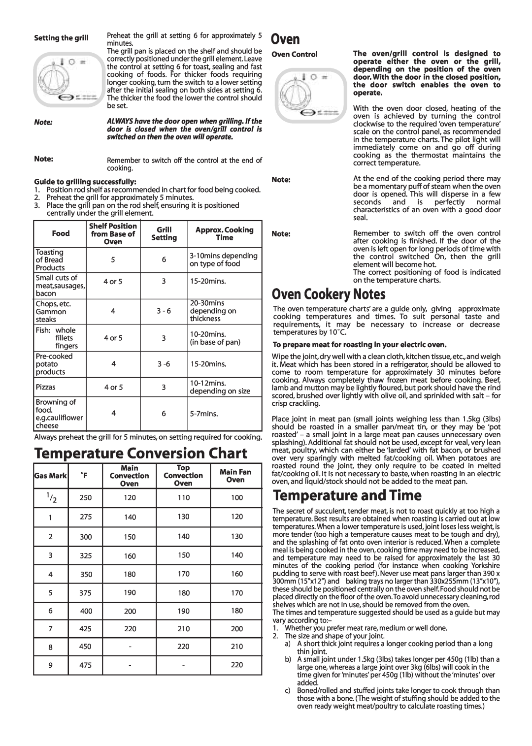 Jackson J051E installation instructions Temperature Conversion Chart, Oven Cookery Notes, Temperature and Time 