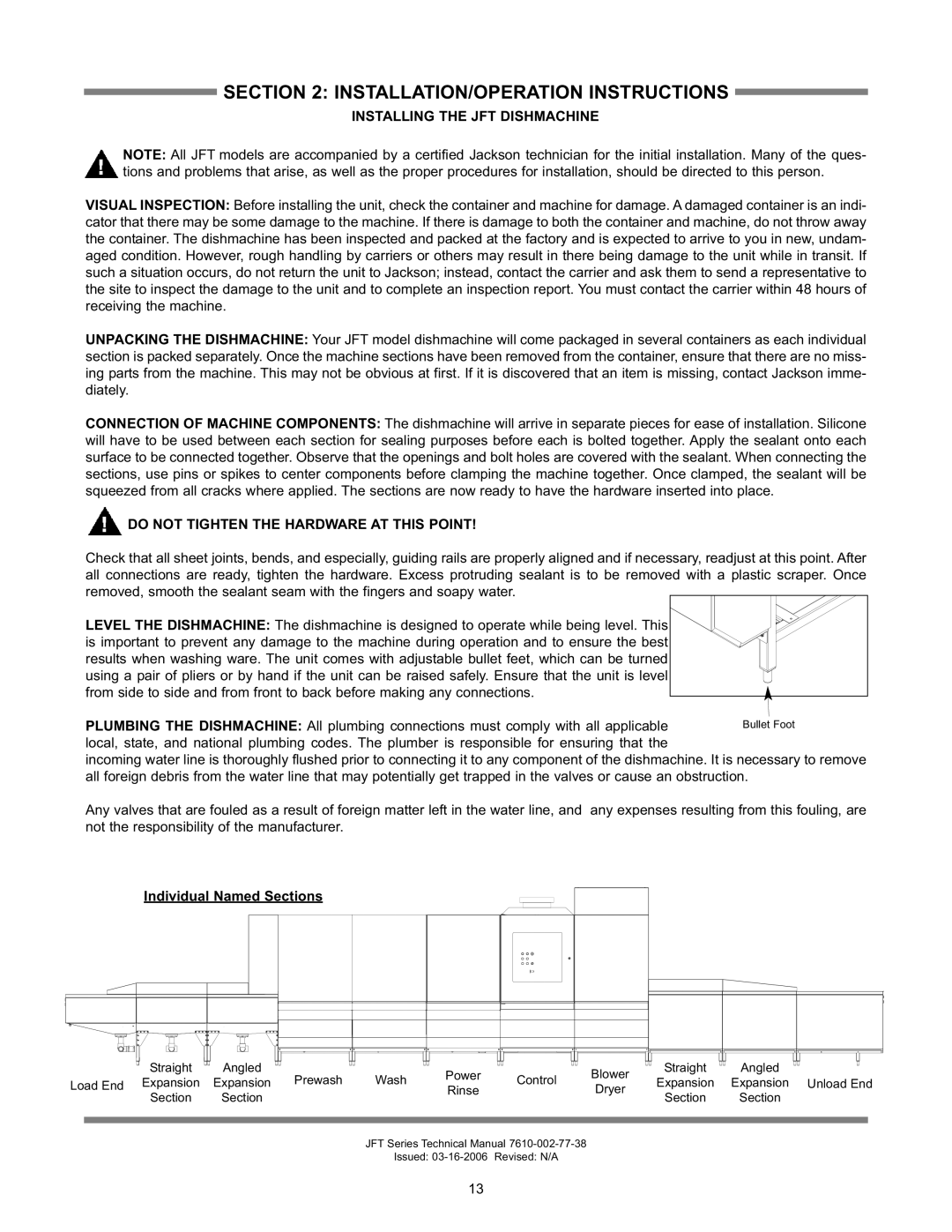 Jackson JFT-S INSTALLATION/OPERATION Instructions, Installing the JFT Dishmachine, Individual Named Sections 